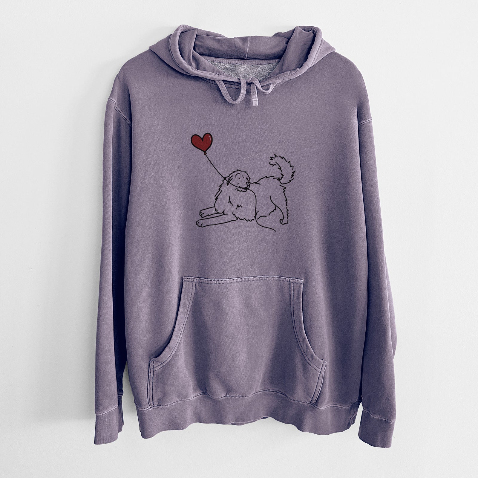 Minimalist line drawing of a Great Pyrenees Heart String holding a heart balloon on a Plum Unisex pigment dyed hoodie