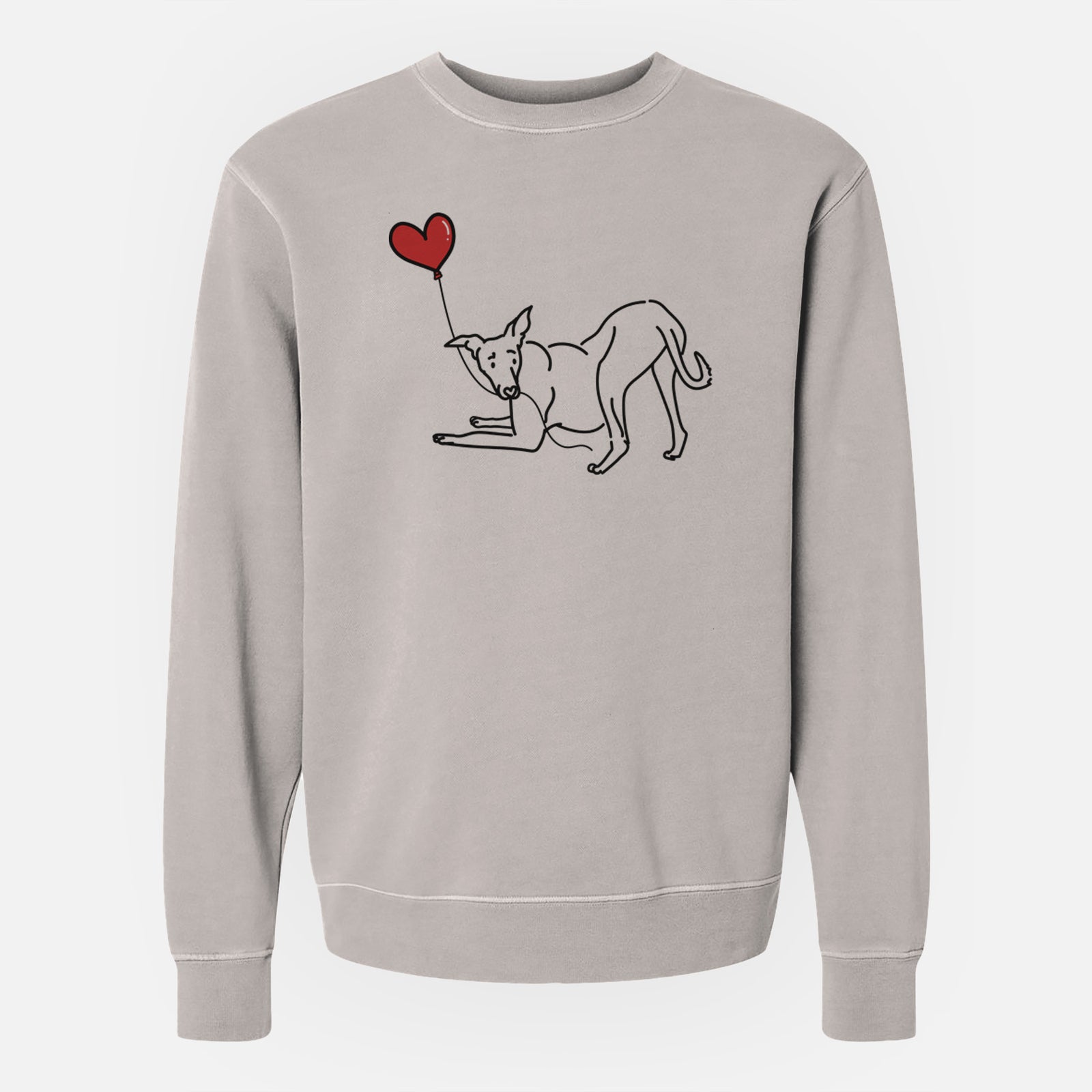 Minimalist line drawing of a Greyhound Heart String holding a heart balloon on a Cement Unisex pigment dyed crew sweatshirt
