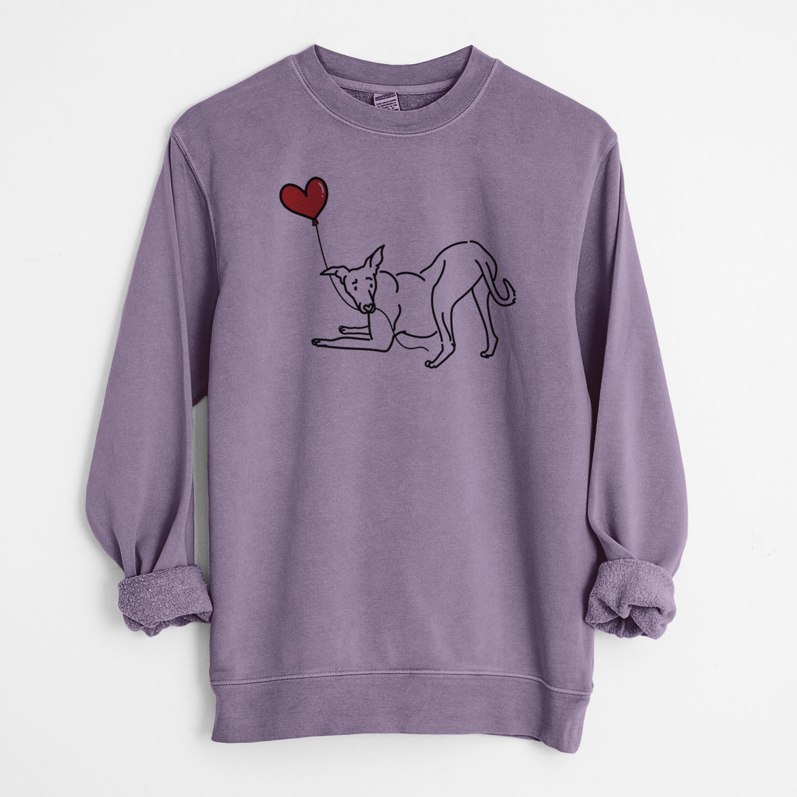 Minimalist line drawing of a Greyhound Heart String holding a heart balloon on a Plum Unisex pigment dyed crew sweatshirt