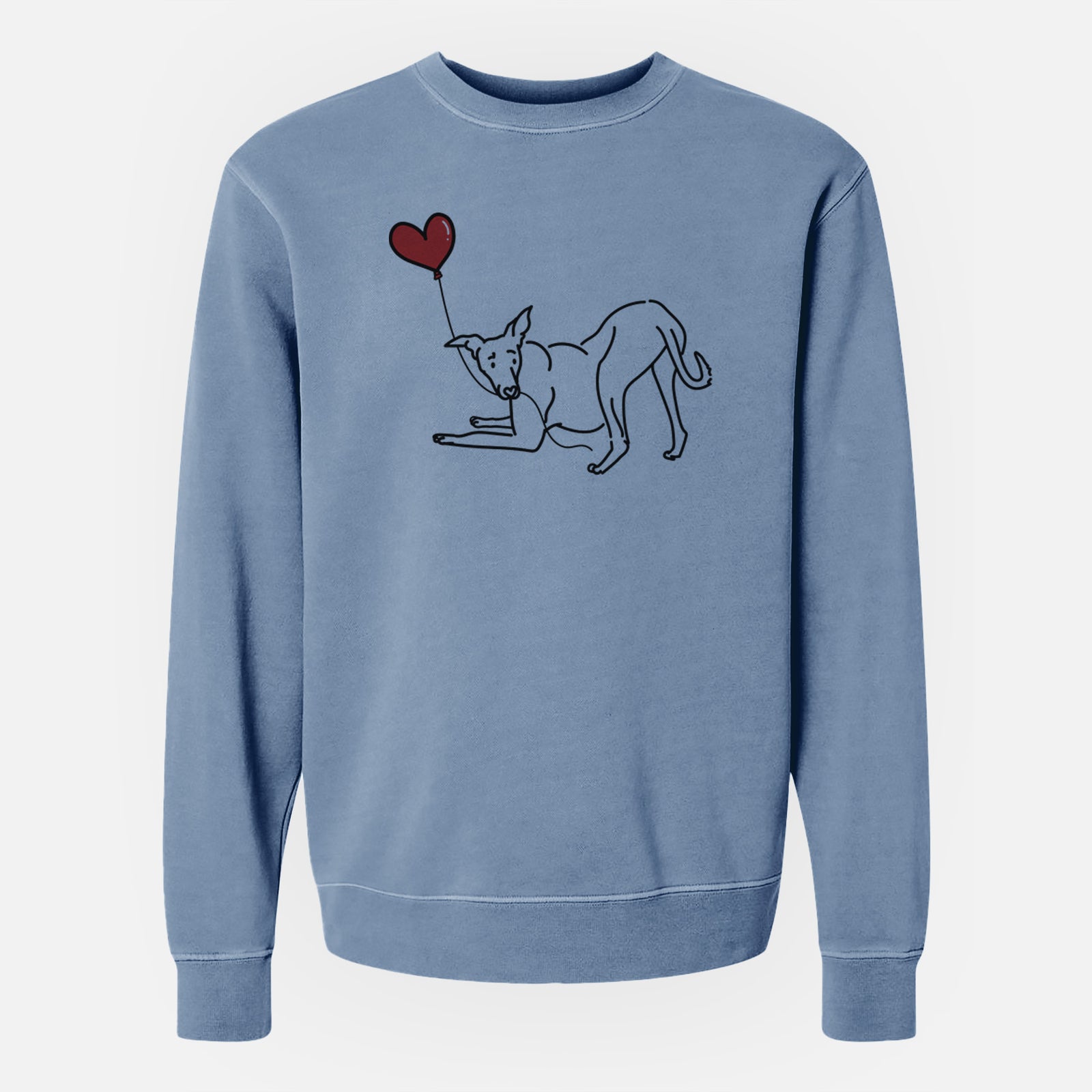 Minimalist line drawing of a Greyhound Heart String holding a heart balloon on a Slate Blue Unisex pigment dyed crew sweatshirt