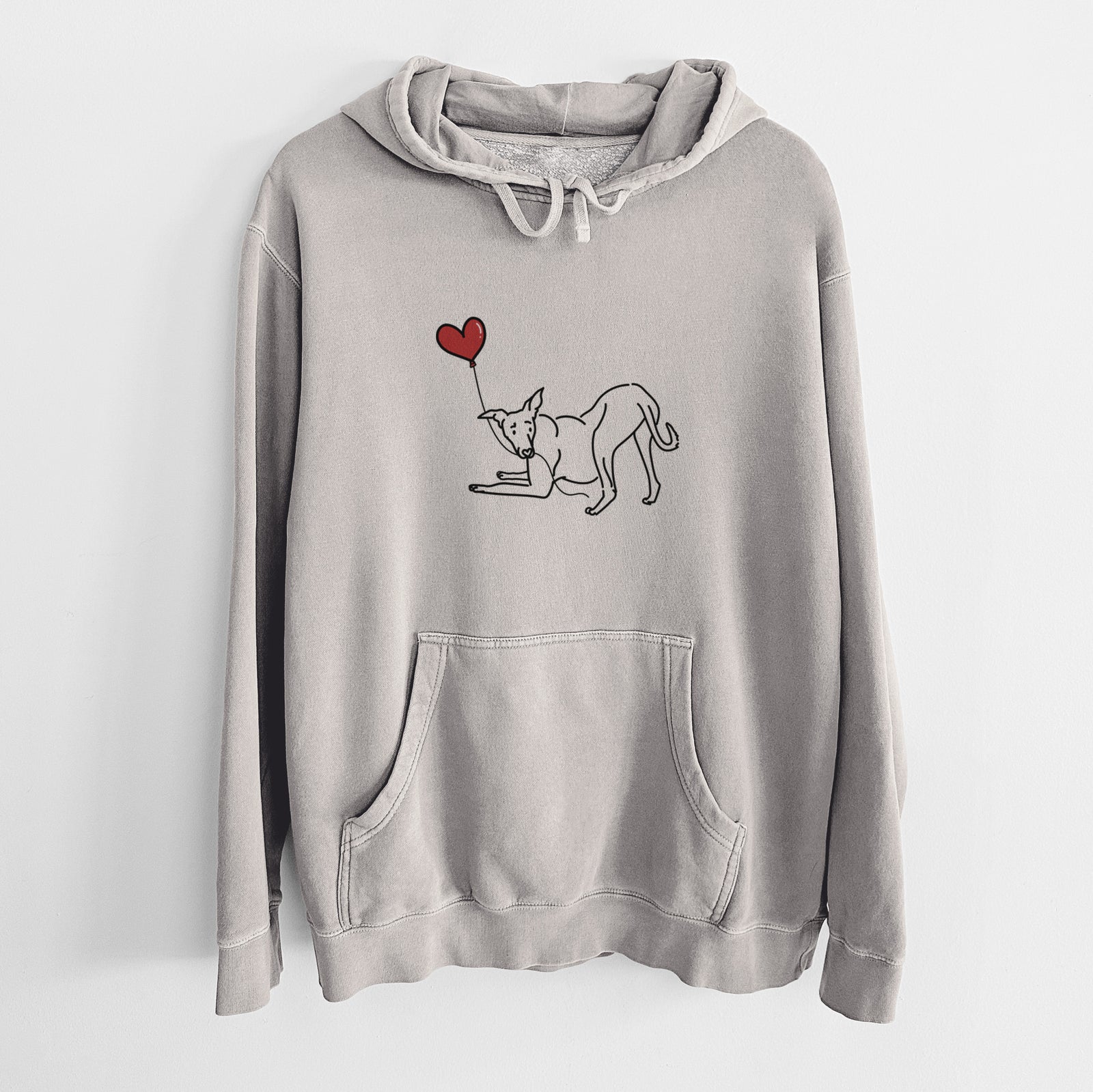 Minimalist line drawing of a Greyhound Heart String holding a heart balloon on a Cement Unisex pigment dyed hoodie