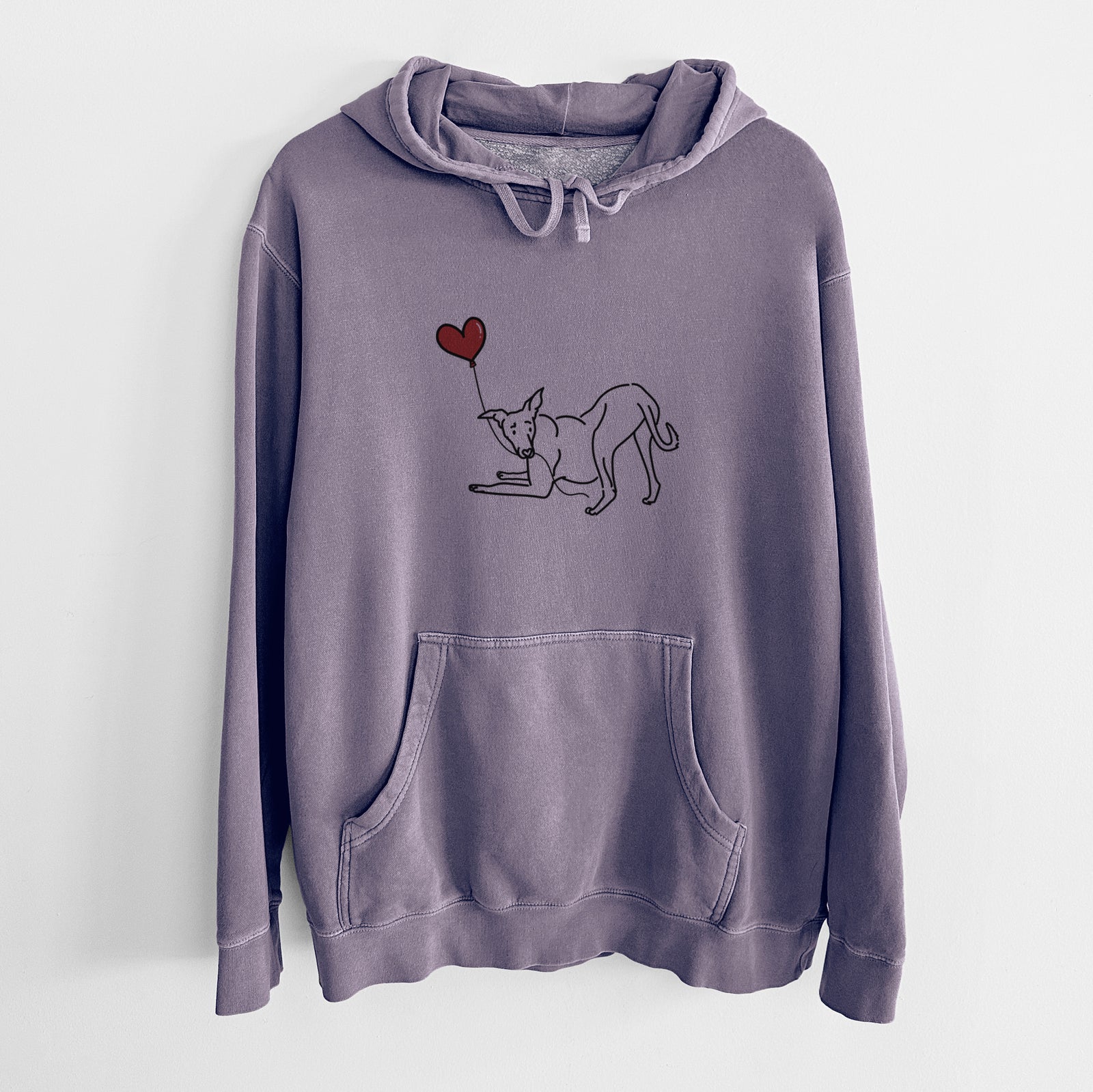 Minimalist line drawing of a Greyhound Heart String holding a heart balloon on a Plum Unisex pigment dyed hoodie