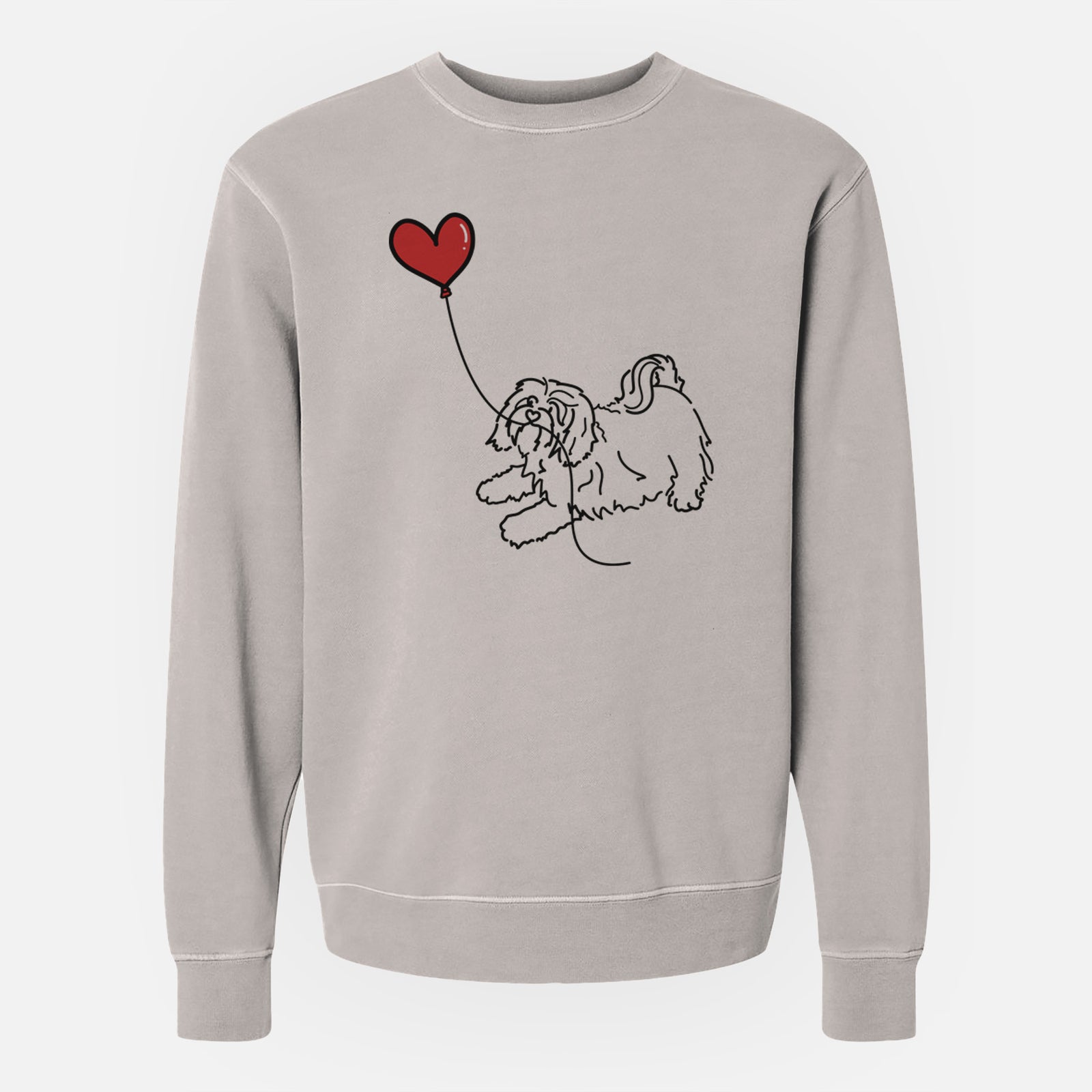 Minimalist line drawing of a Havanese Heart String holding a heart balloon on a Cement Unisex pigment dyed crew sweatshirt