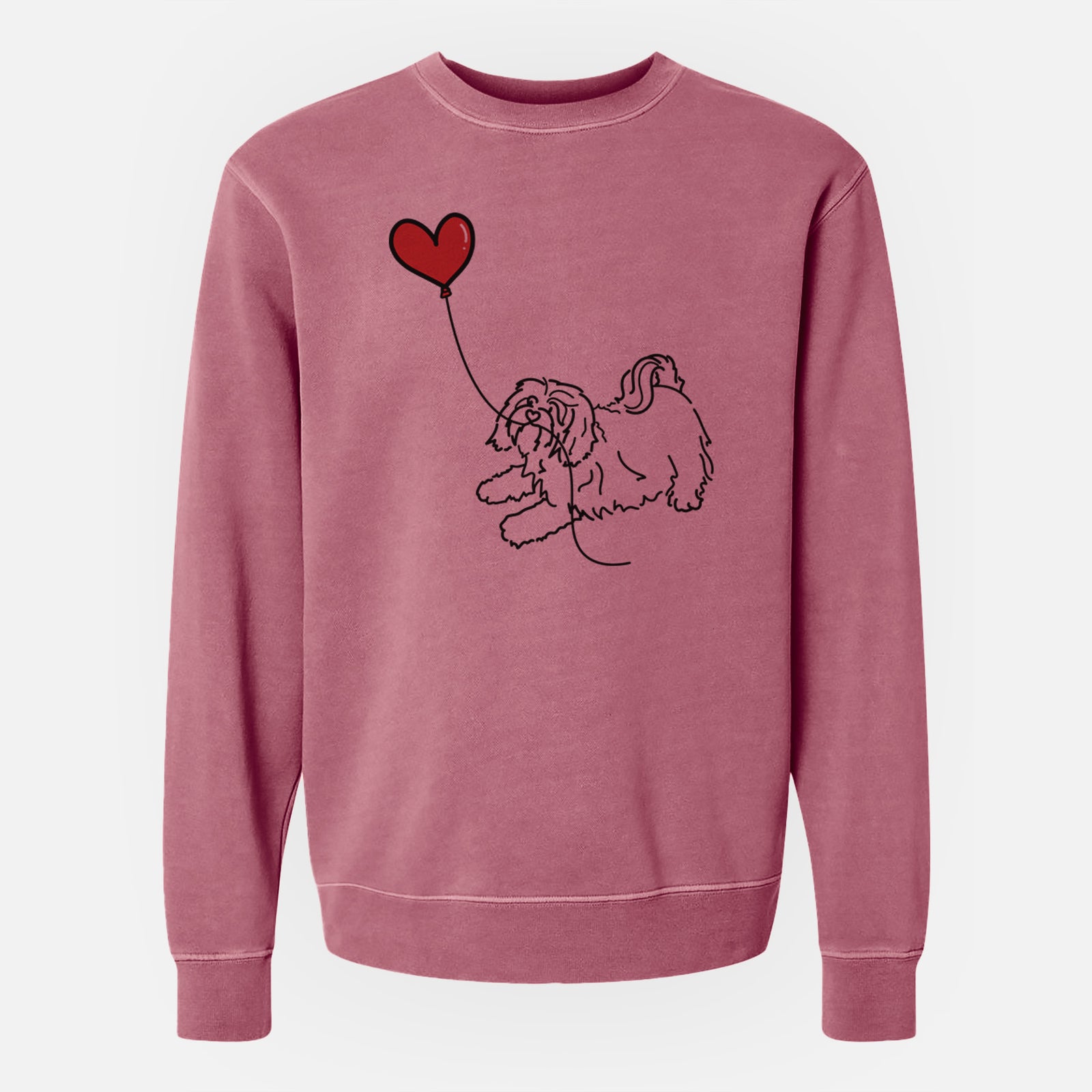 Minimalist line drawing of a Havanese Heart String holding a heart balloon on a Maroon Unisex pigment dyed crew sweatshirt