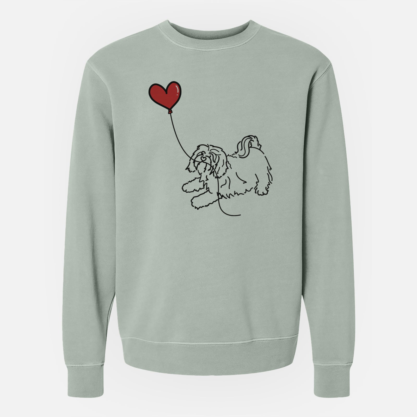 Minimalist line drawing of a Havanese Heart String holding a heart balloon on a Sage Unisex pigment dyed crew sweatshirt