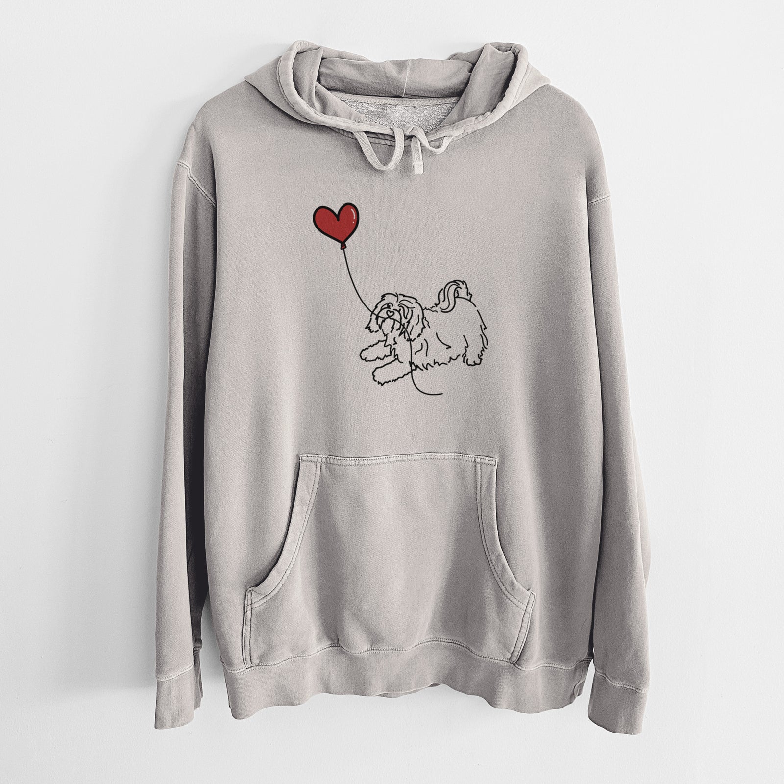 Minimalist line drawing of a Havanese Heart String holding a heart balloon on a Cement Unisex pigment dyed hoodie