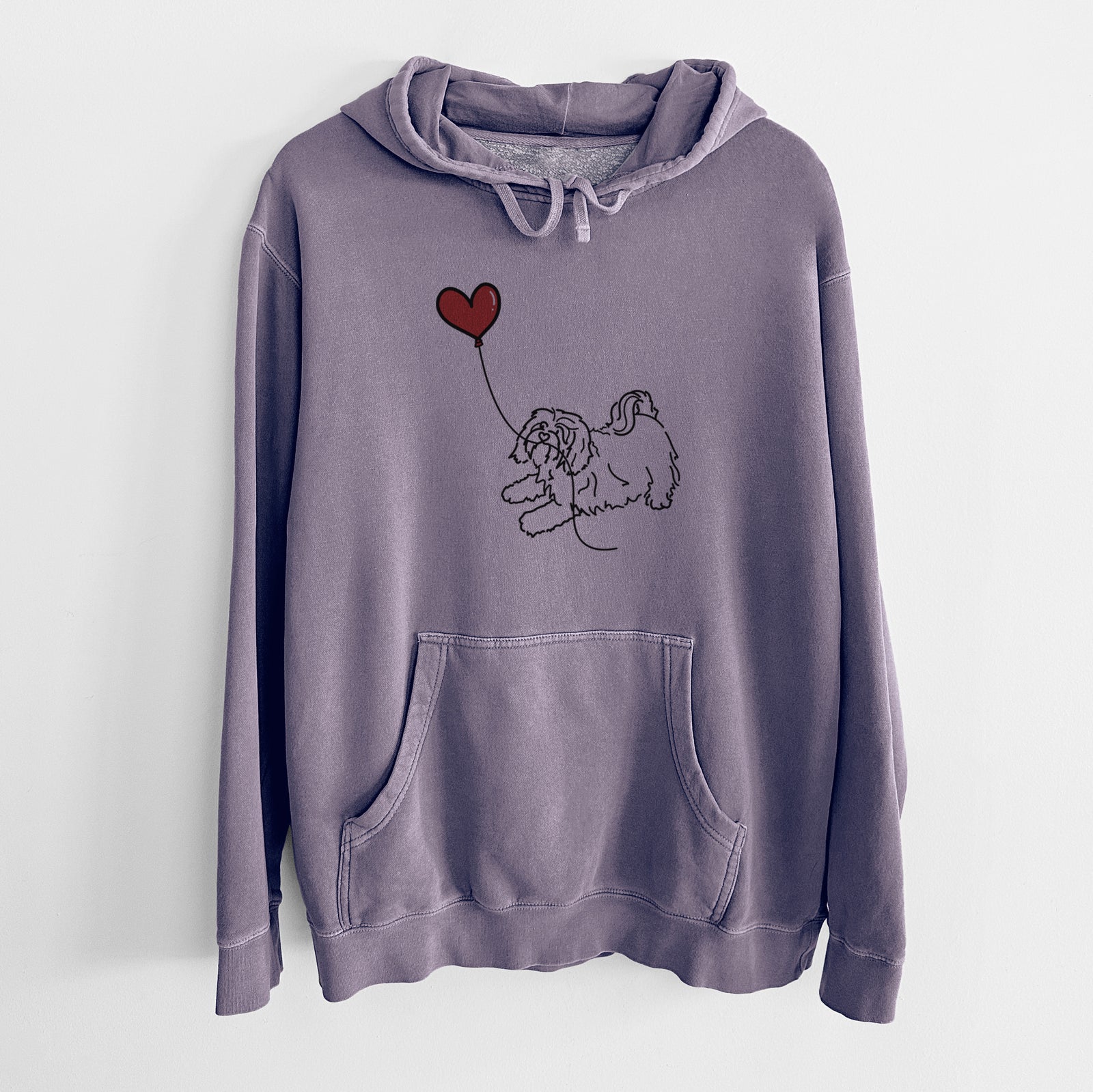 Minimalist line drawing of a Havanese Heart String holding a heart balloon on a Plum Unisex pigment dyed hoodie