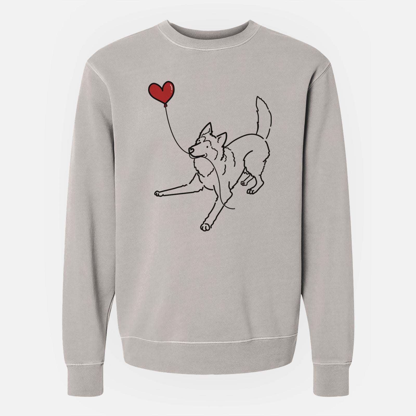 Minimalist line drawing of a Siberian Husky Heart String holding a heart balloon on a Cement Unisex pigment dyed crew sweatshirt