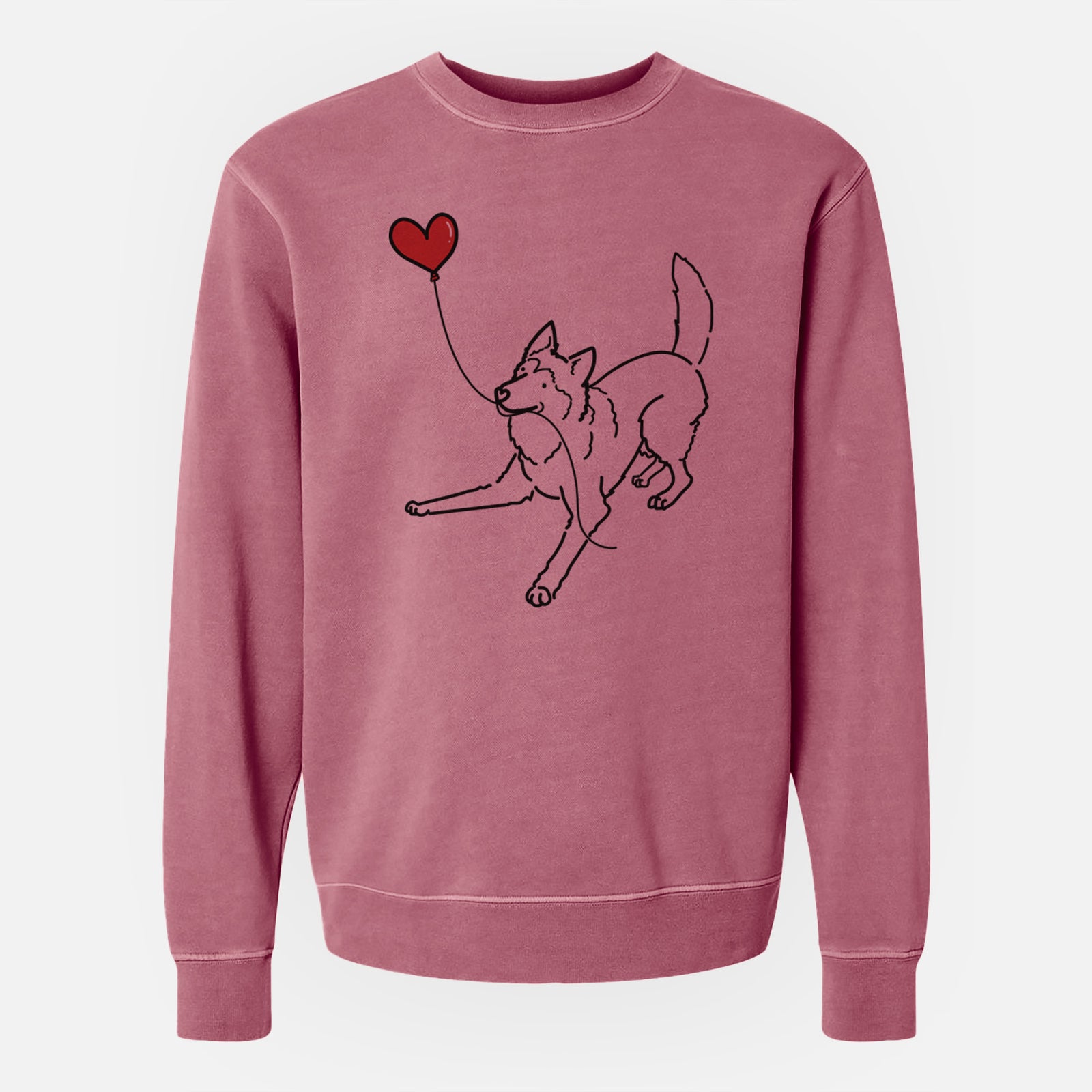Minimalist line drawing of a Siberian Husky Heart String holding a heart balloon on a Maroon Unisex pigment dyed crew sweatshirt