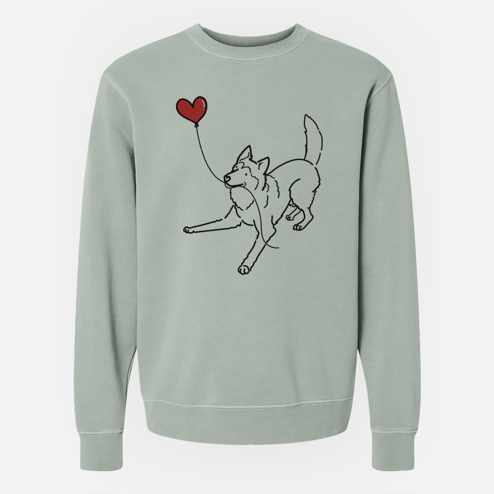 Minimalist line drawing of a Siberian Husky Heart String holding a heart balloon on a Sage Unisex pigment dyed crew sweatshirt