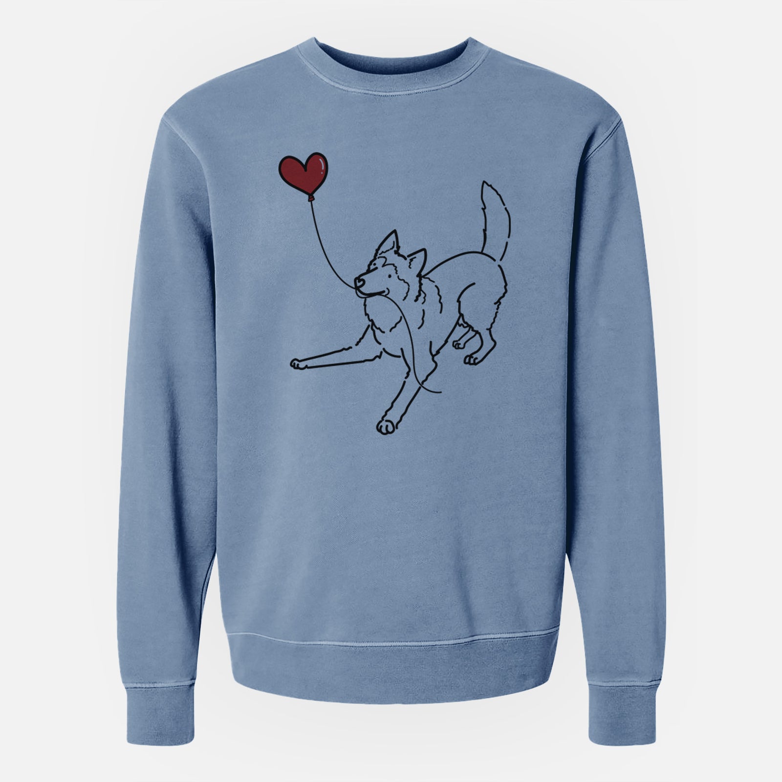 Minimalist line drawing of a Siberian Husky Heart String holding a heart balloon on a Slate Blue Unisex pigment dyed crew sweatshirt