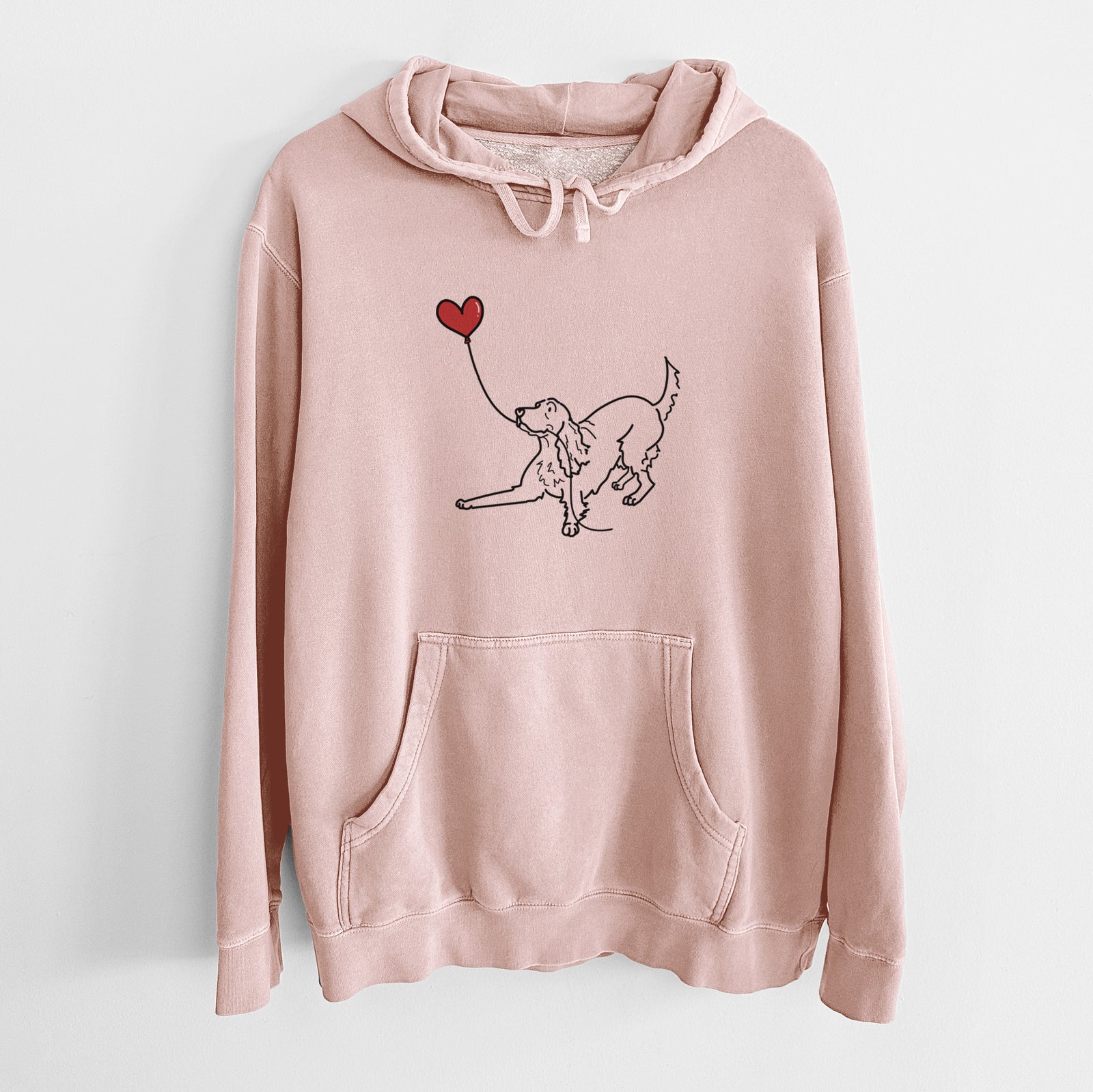 Minimalist line drawing of an Irish Setter Heart String holding a heart balloon on a Dusty Pink Unisex pigment dyed hoodie