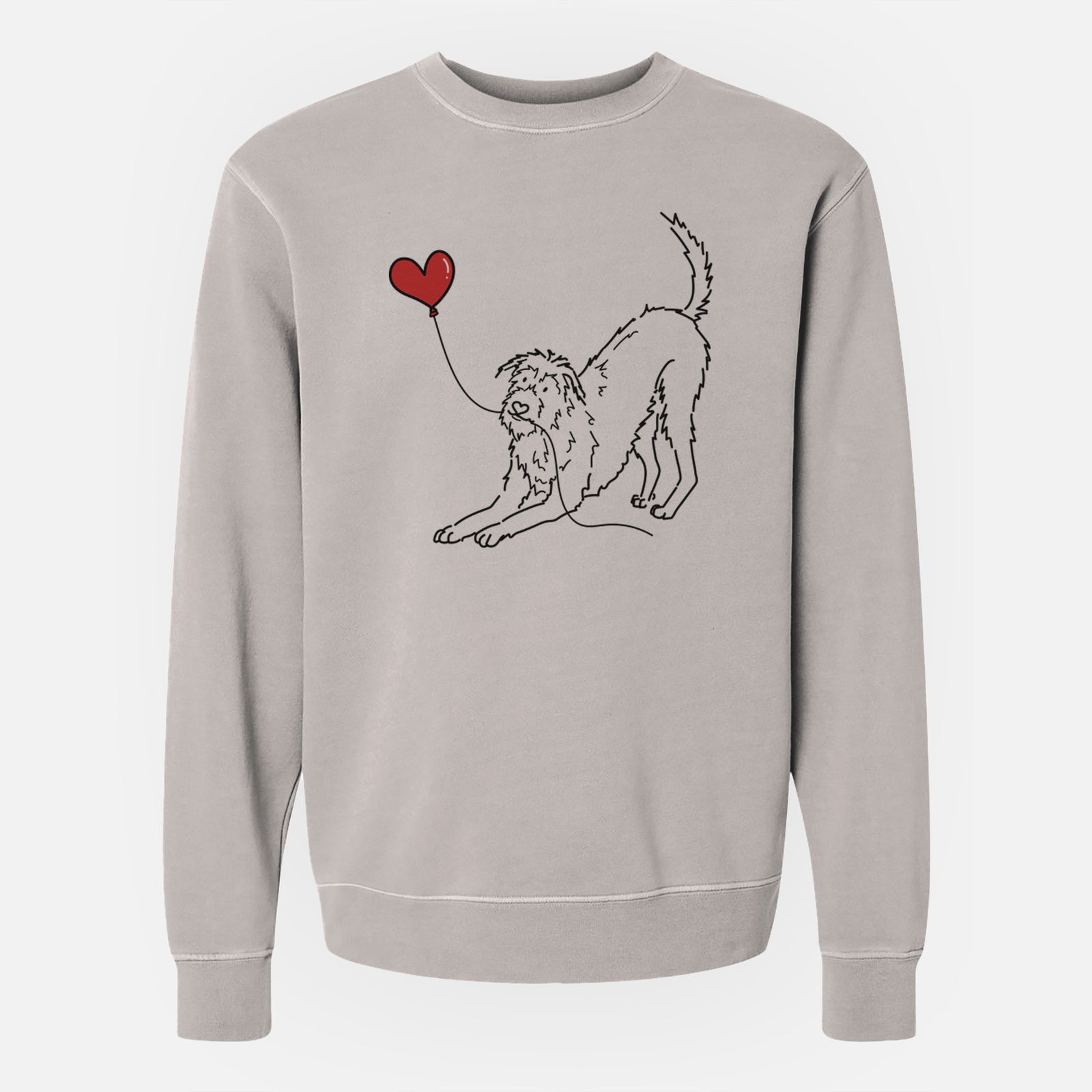 Minimalist line drawing of an Irish Wolfhound Heart String holding a heart balloon on a Cement Unisex pigment dyed crew sweatshirt
