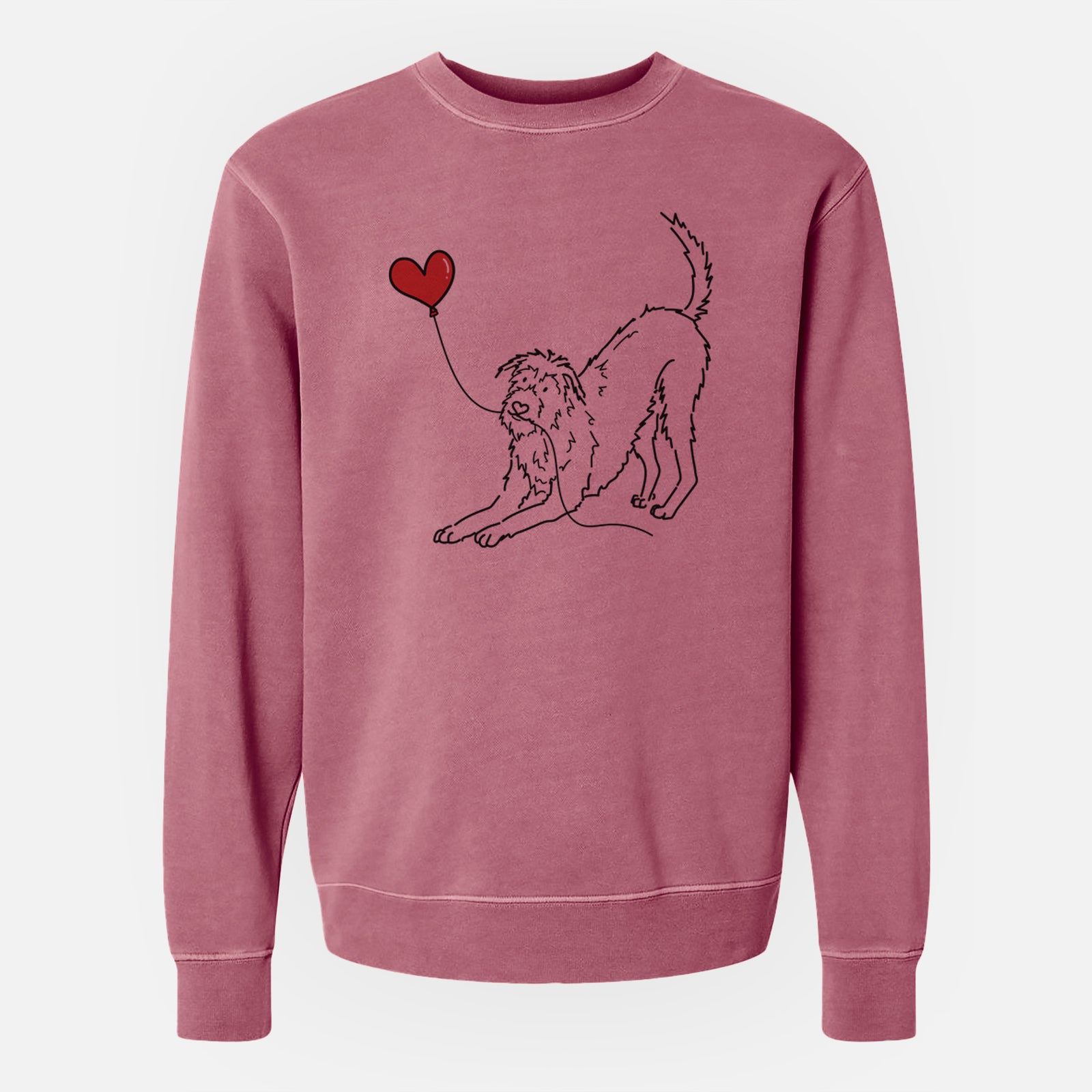 Minimalist line drawing of an Irish Wolfhound Heart String holding a heart balloon on a Maroon Unisex pigment dyed crew sweatshirt