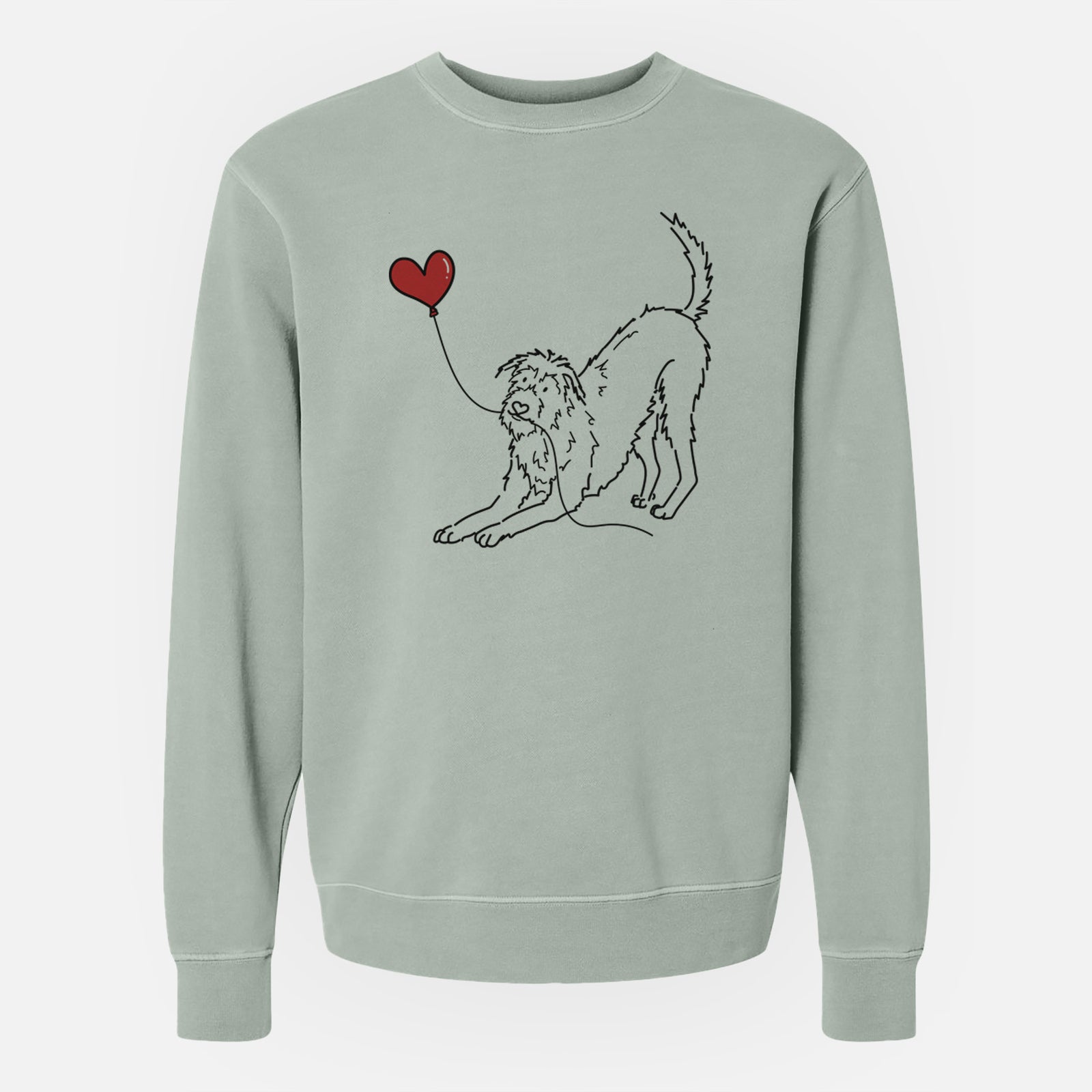 Minimalist line drawing of an Irish Wolfhound Heart String holding a heart balloon on a Sage Unisex pigment dyed crew sweatshirt
