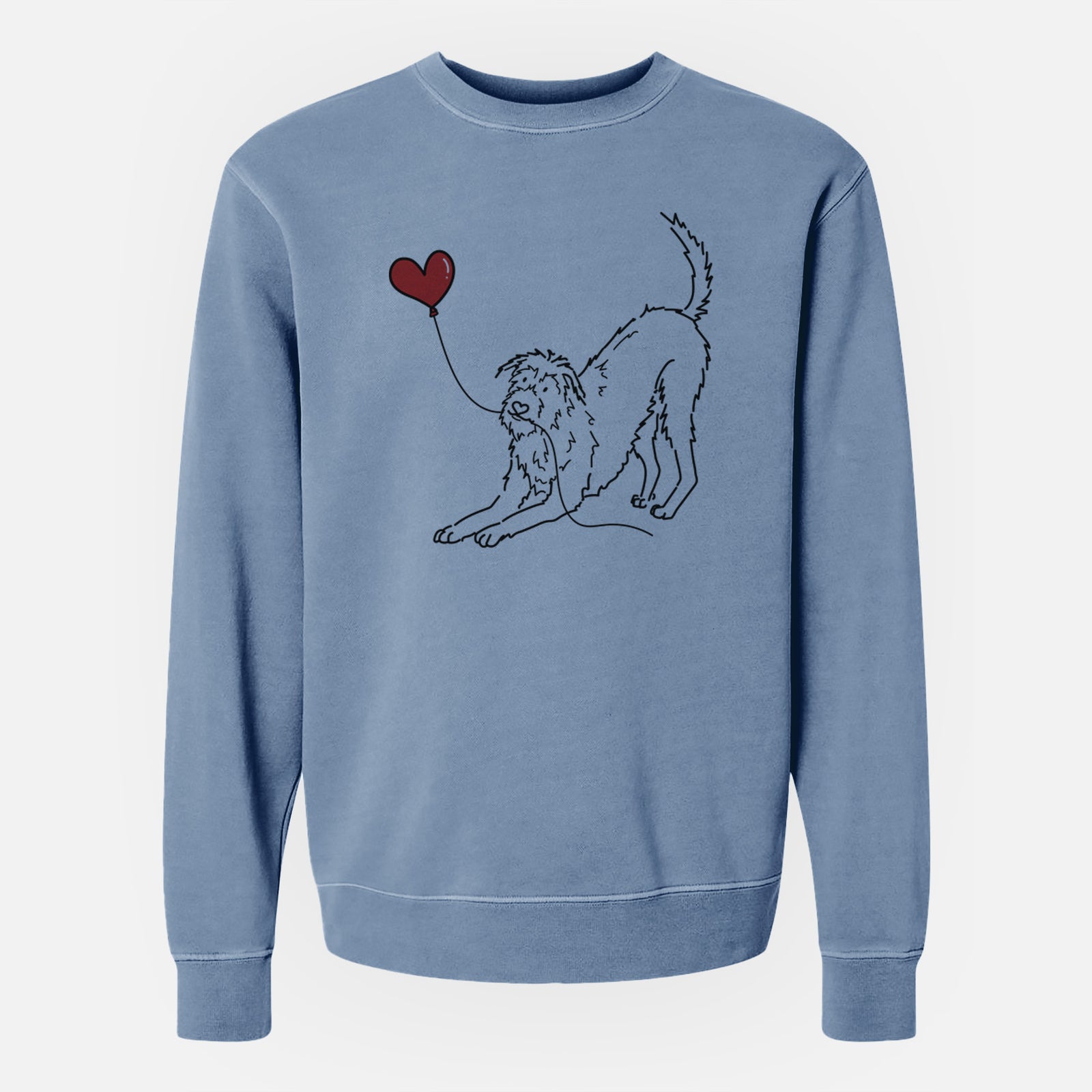Minimalist line drawing of an Irish Wolfhound Heart String holding a heart balloon on a Slate Blue Unisex pigment dyed crew sweatshirt