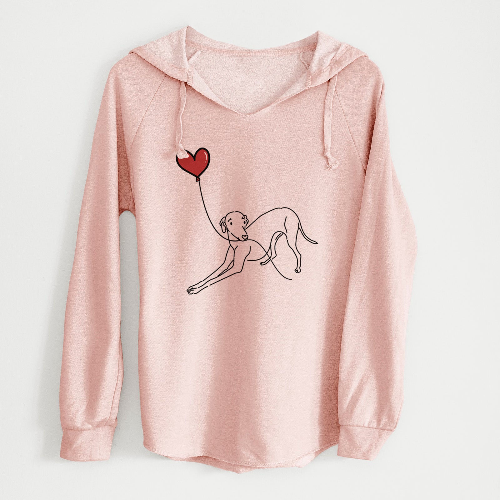 Minimalist line drawing of an Italian Greyhound Heart String holding a heart balloon on a Blush Cali Wave Hooded Sweatshirt