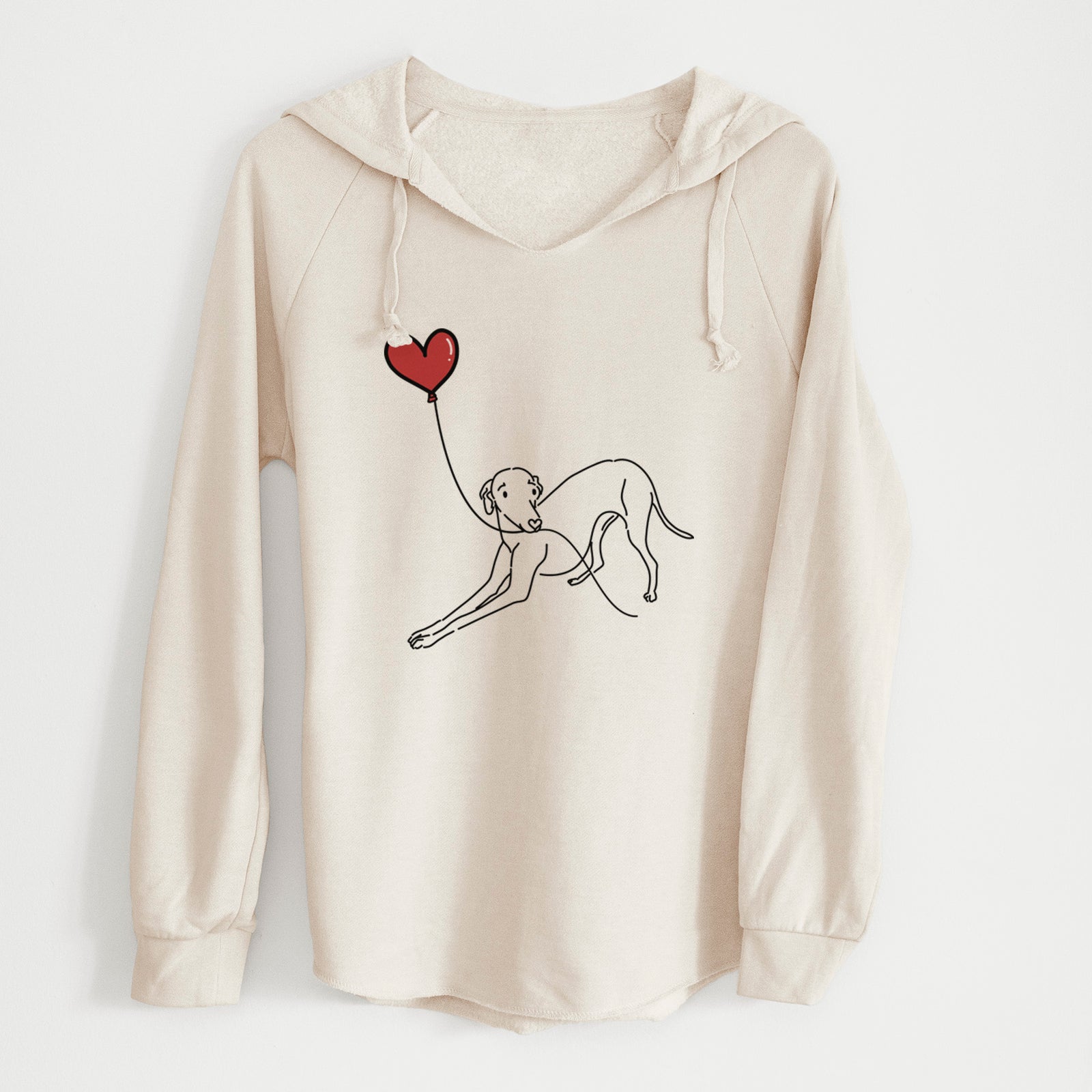 Minimalist line drawing of an Italian Greyhound Heart String holding a heart balloon on a Bone Cali Wave Hooded Sweatshirt