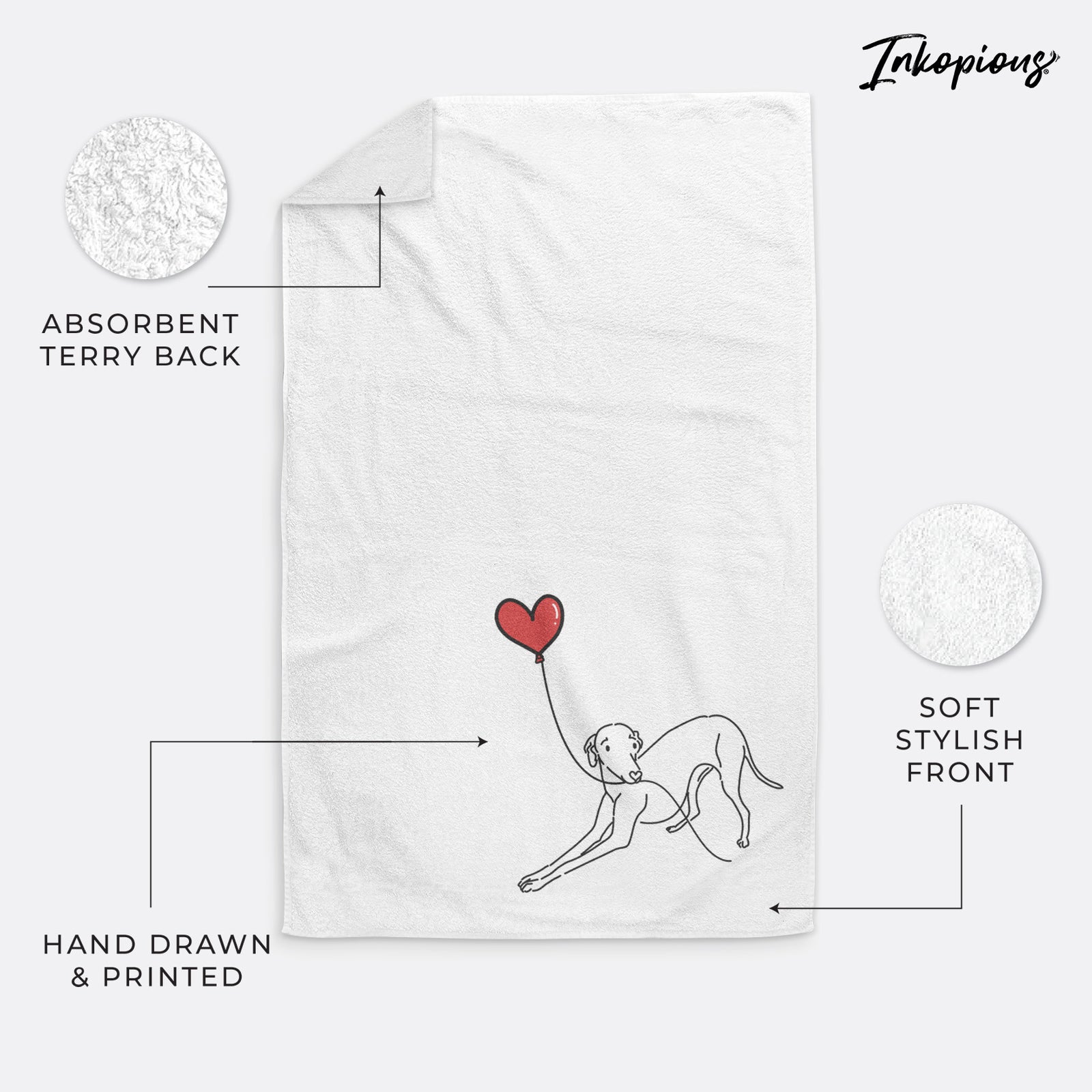 Minimalist line drawing of an Italian Greyhound Heart String holding a heart balloon on a hand towel