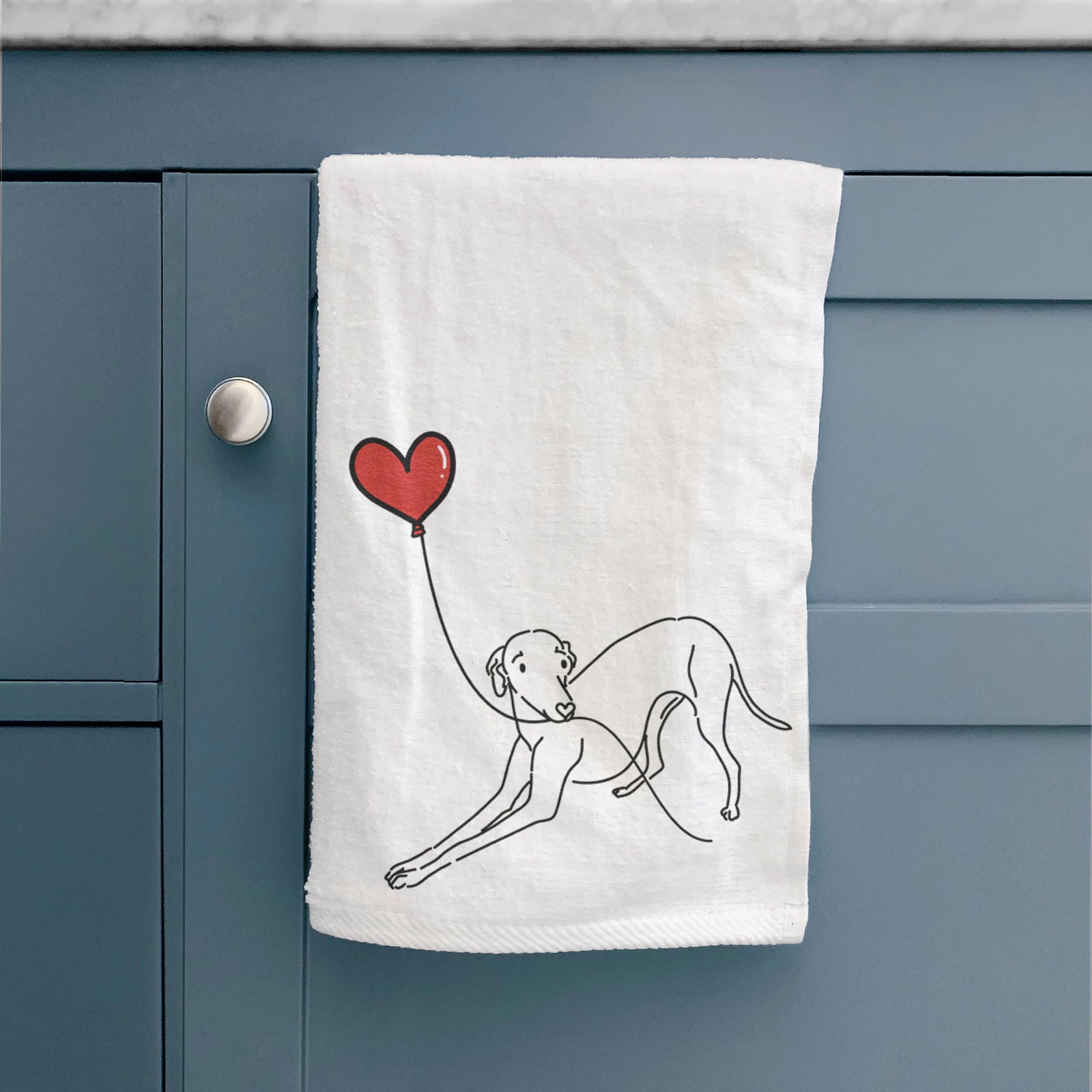 Minimalist line drawing of an Italian Greyhound Heart String holding a heart balloon on a hand towel