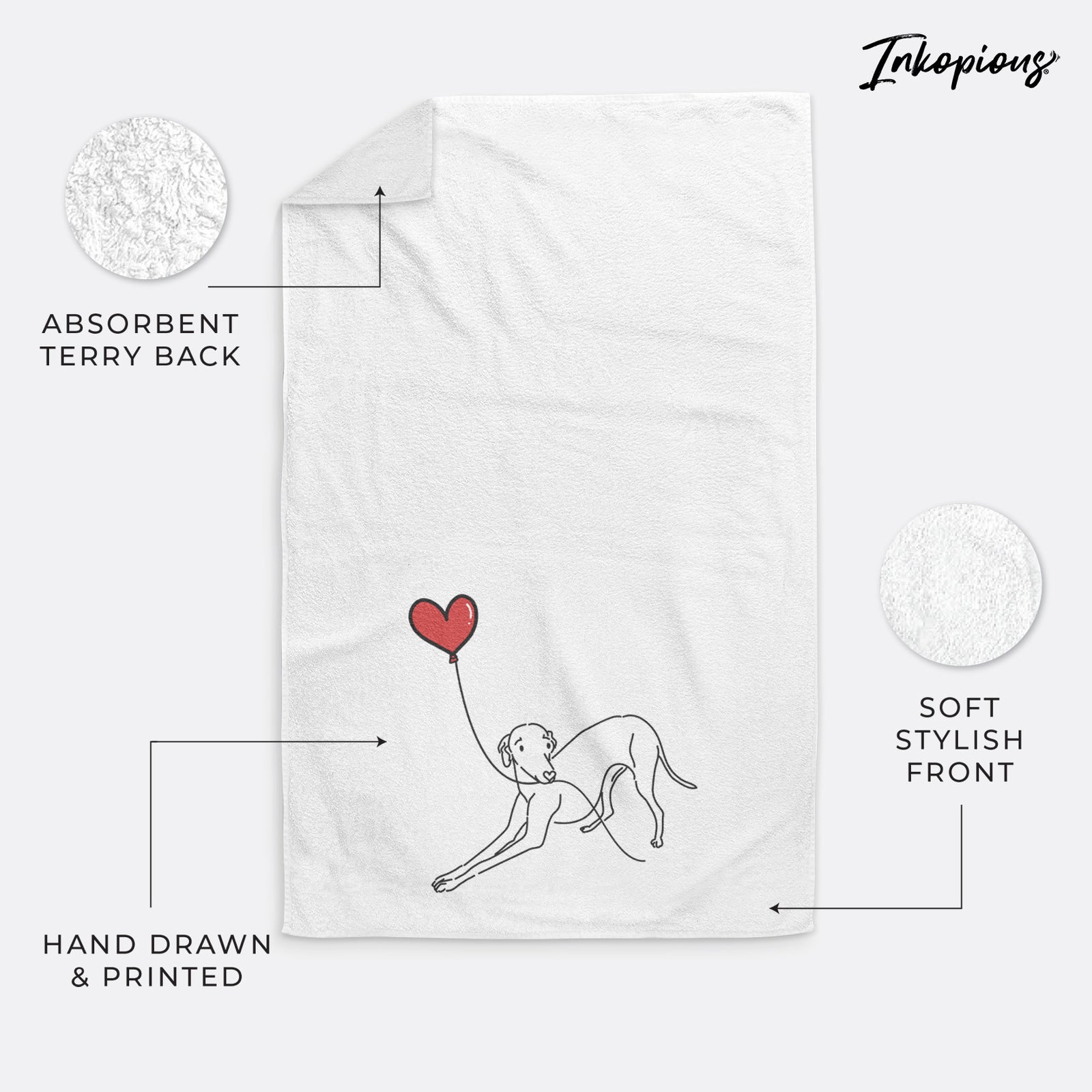 Minimalist line drawing of an Italian Greyhound Heart String holding a heart balloon on a hand towel