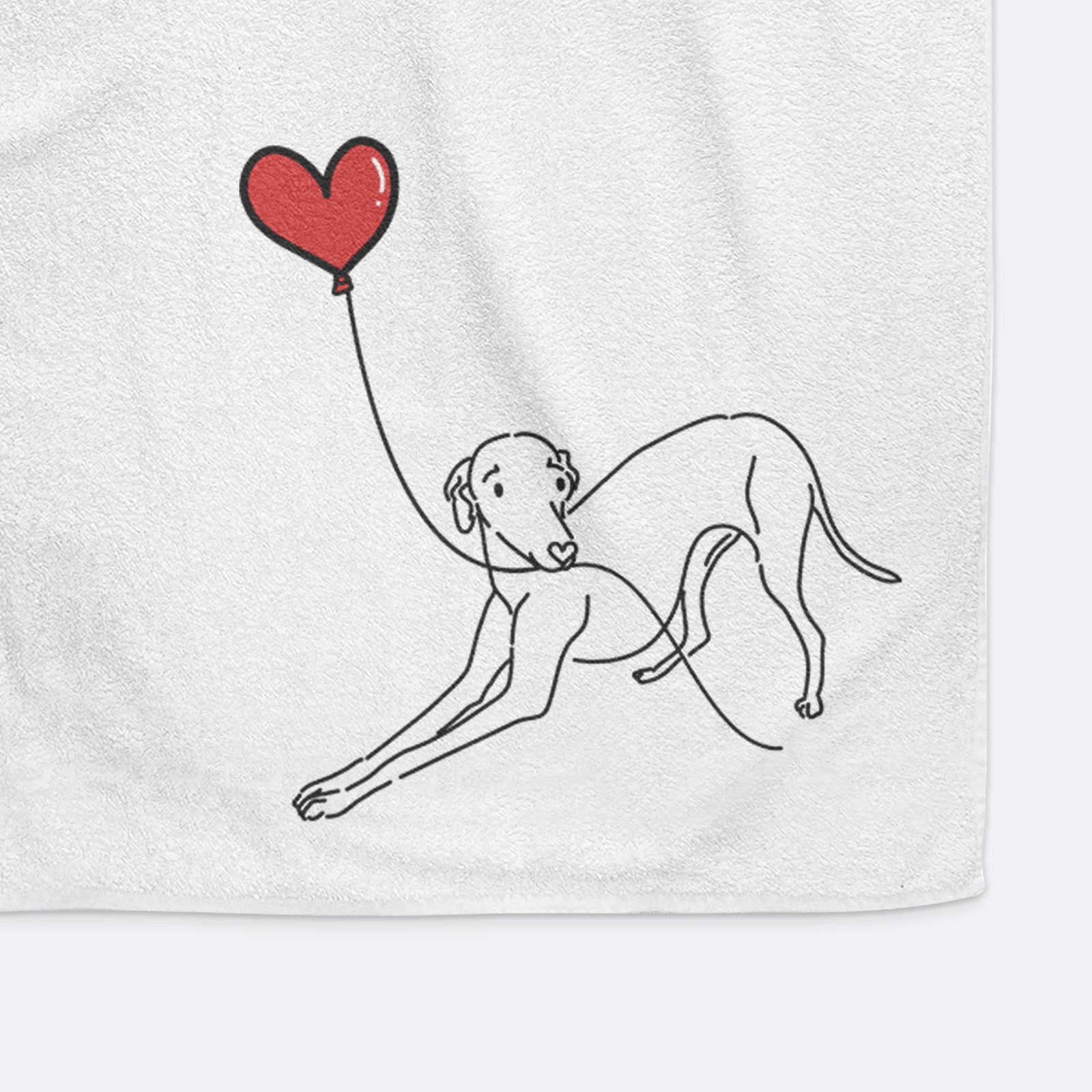 Minimalist line drawing of an Italian Greyhound Heart String holding a heart balloon on a hand towel