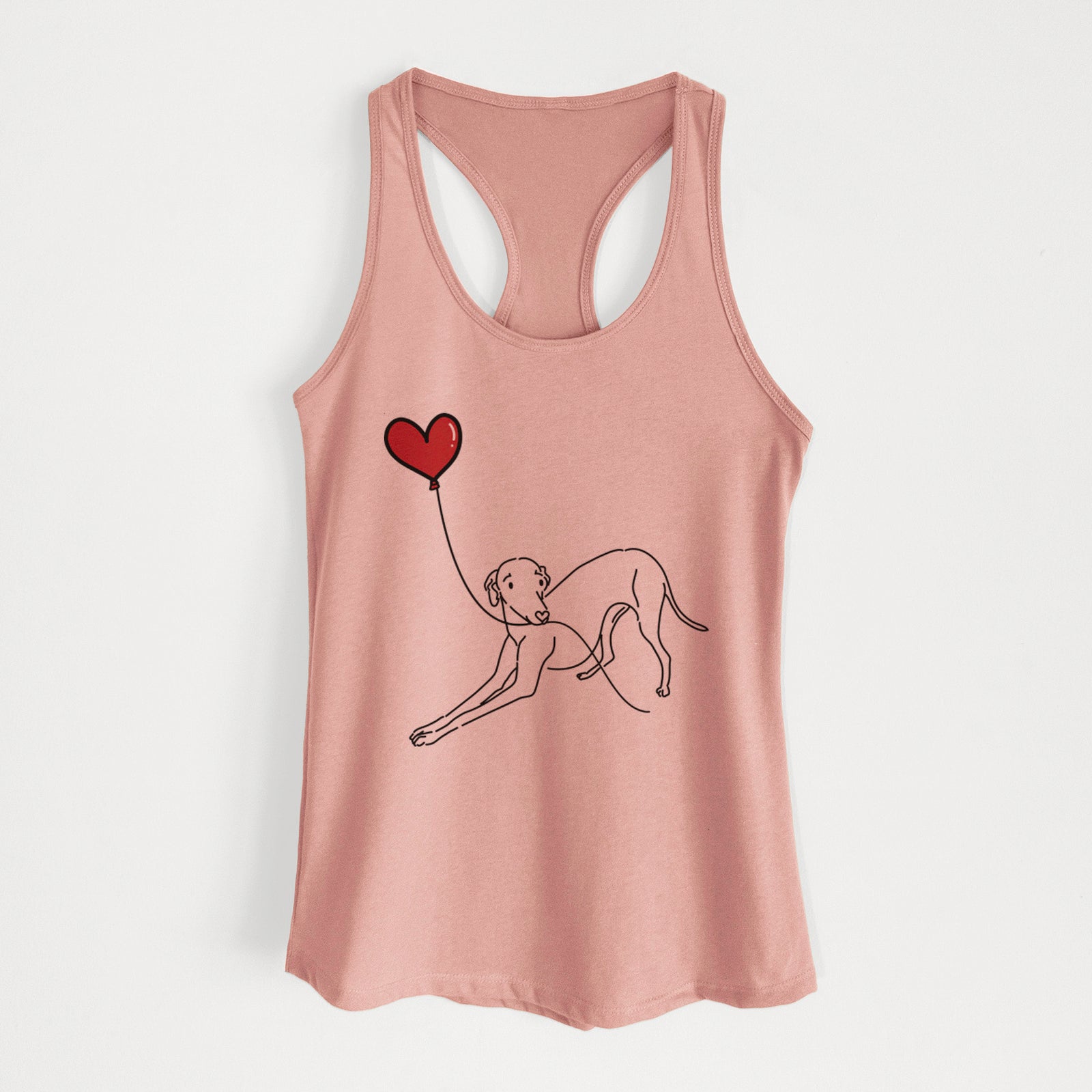 Minimalist line drawing of an Italian Greyhound Heart String holding a heart balloon on a Desert Pink Women's racerback tanktop