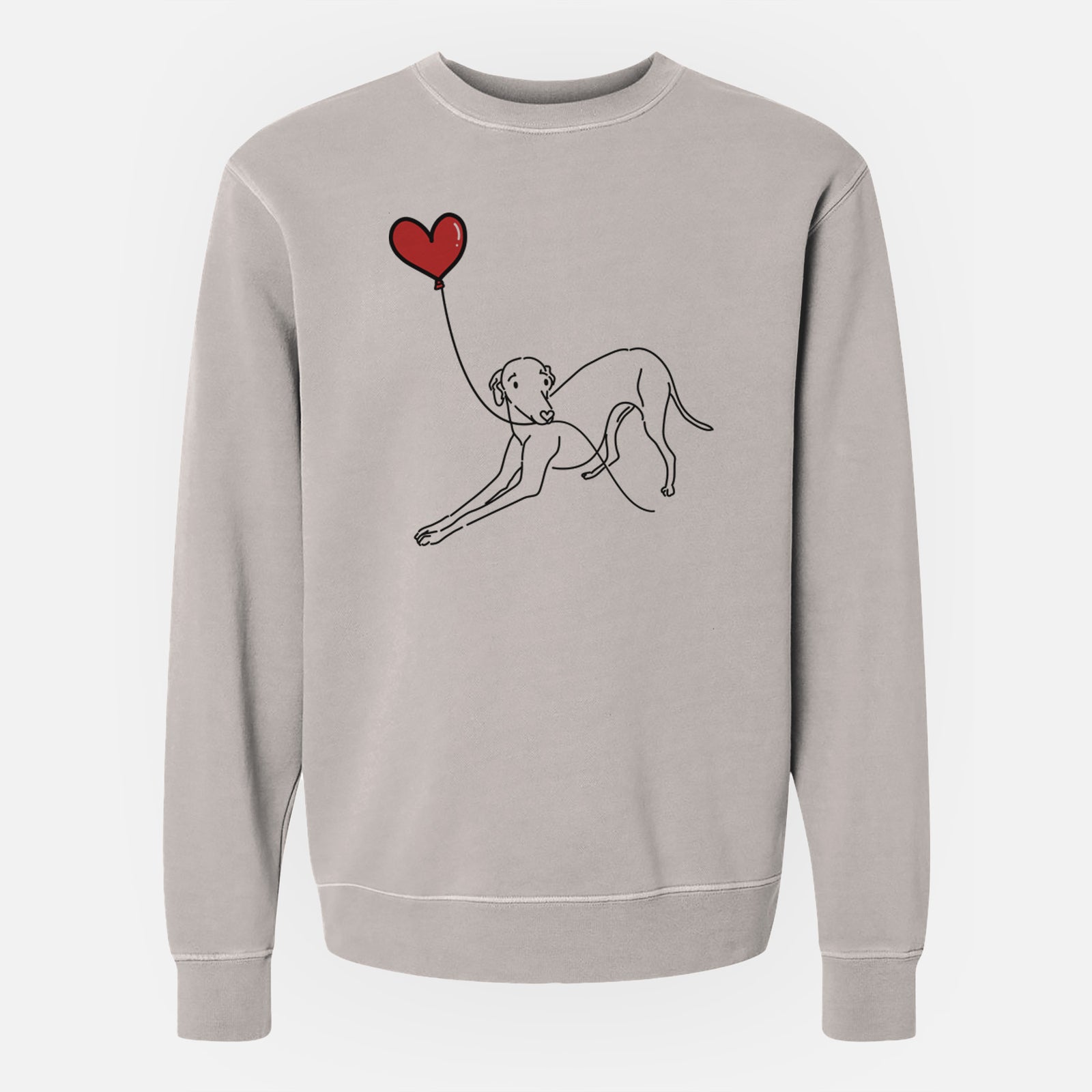 Minimalist line drawing of an Italian Greyhound Heart String holding a heart balloon on a Cement Unisex pigment dyed crew sweatshirt