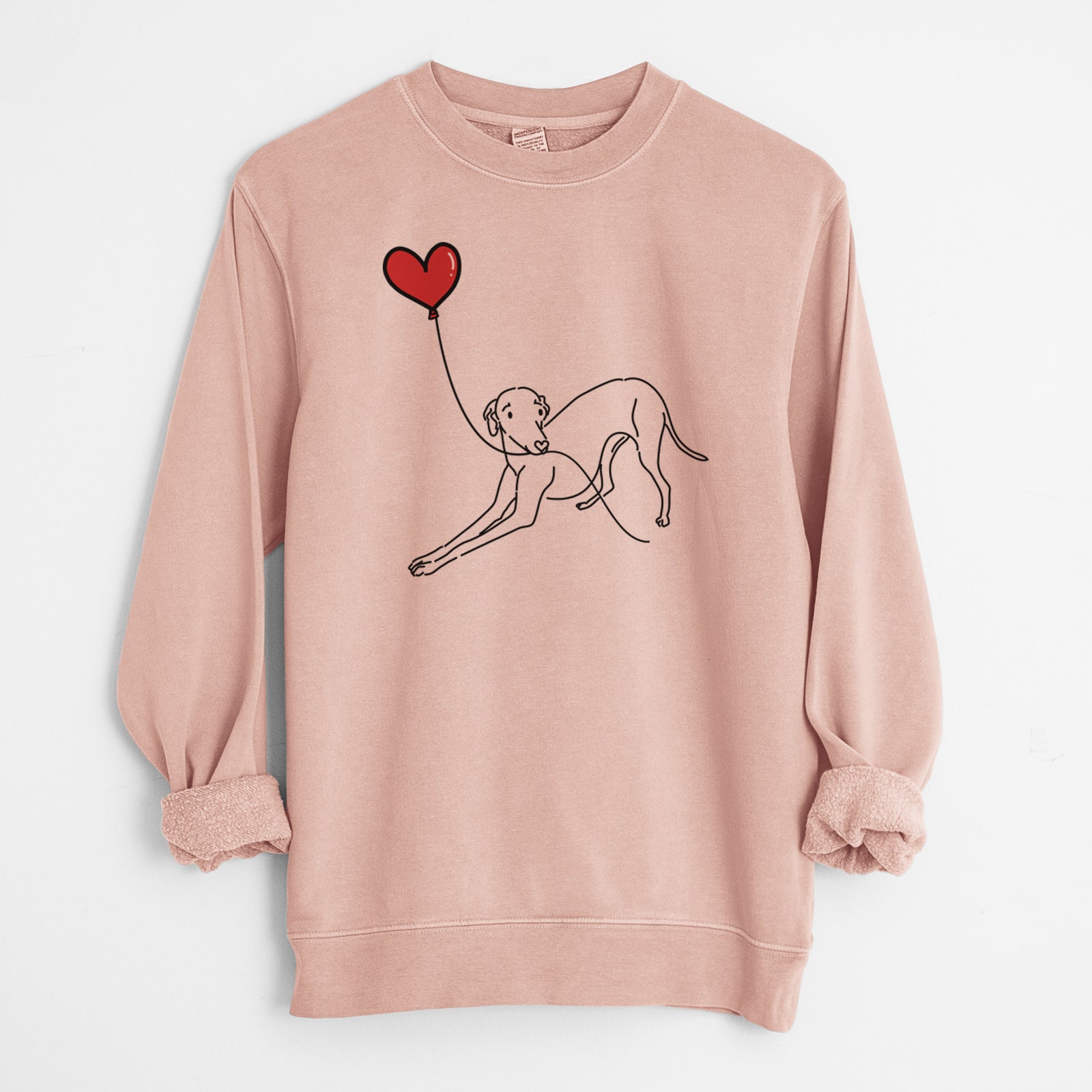 Minimalist line drawing of an Italian Greyhound Heart String holding a heart balloon on a Dusty Pink Unisex pigment dyed crew sweatshirt