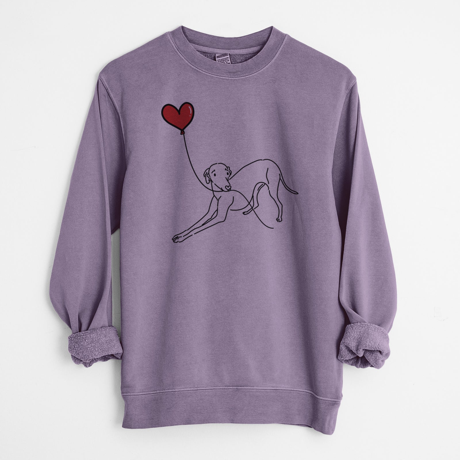 Minimalist line drawing of an Italian Greyhound Heart String holding a heart balloon on a Plum Unisex pigment dyed crew sweatshirt