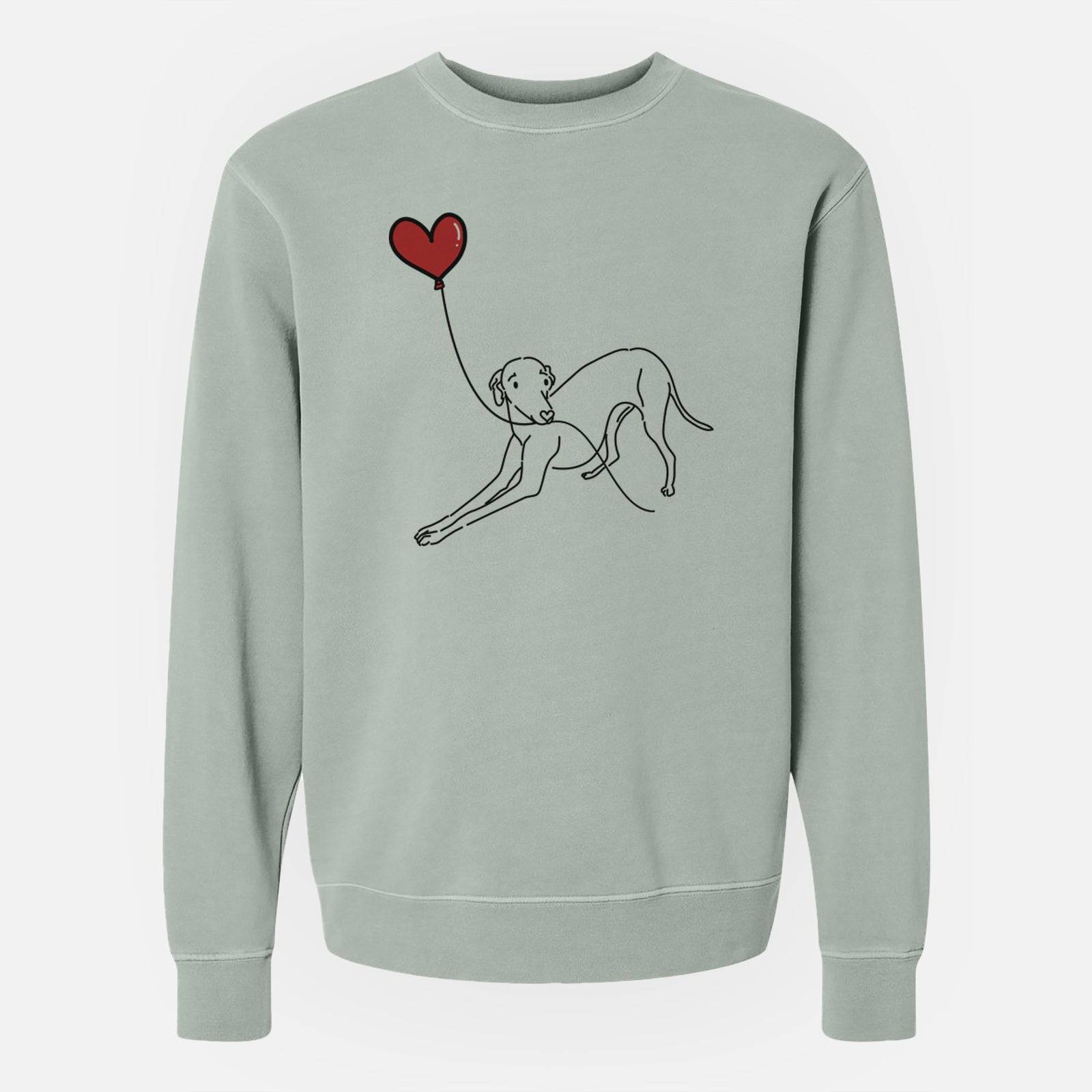 Minimalist line drawing of an Italian Greyhound Heart String holding a heart balloon on a Sage Unisex pigment dyed crew sweatshirt
