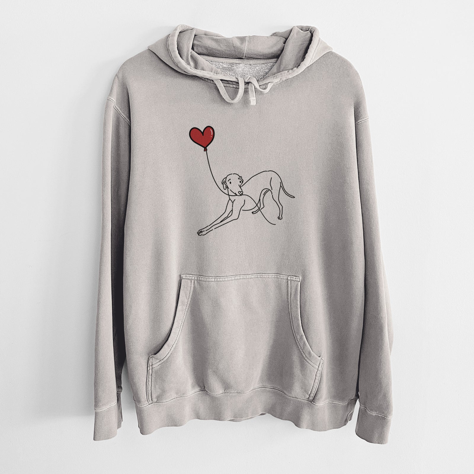 Minimalist line drawing of an Italian Greyhound Heart String holding a heart balloon on a Cement Unisex pigment dyed hoodie
