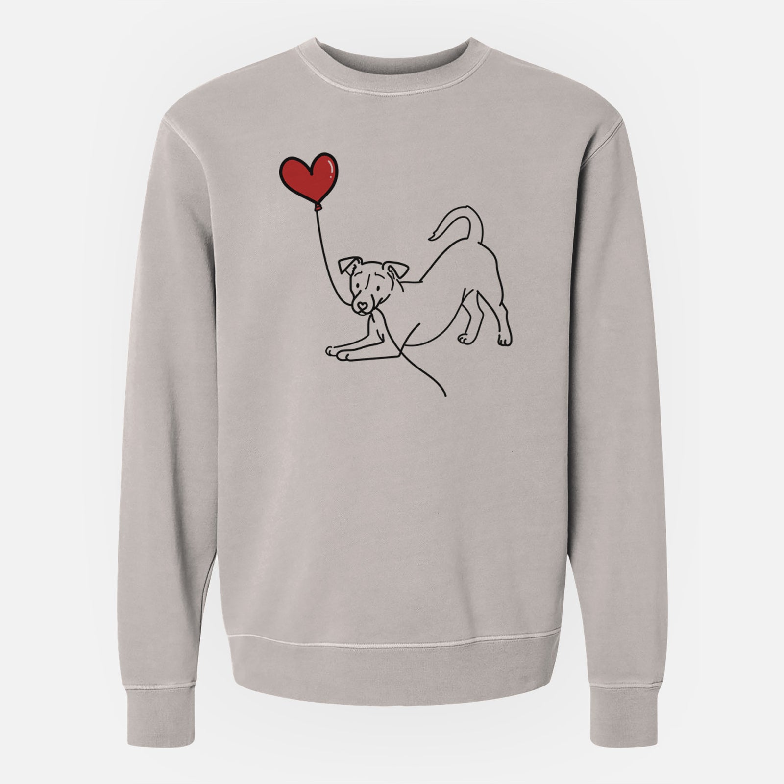 Minimalist line drawing of a Jack Russell Terrier Heart String holding a heart balloon on a Cement Unisex pigment dyed crew sweatshirt