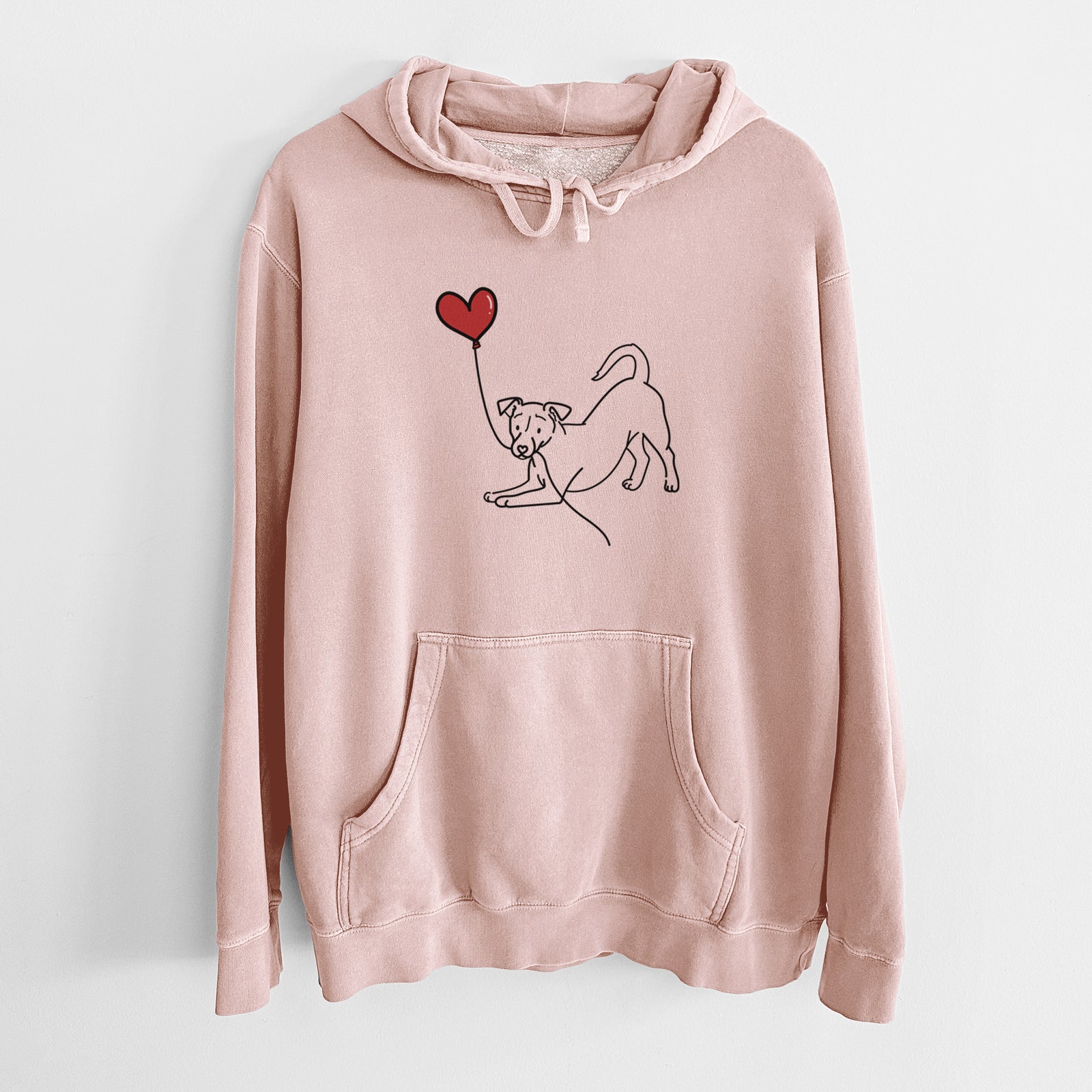 Minimalist line drawing of a Jack Russell Terrier Heart String holding a heart balloon on a Dusty Pink Unisex pigment dyed hoodie