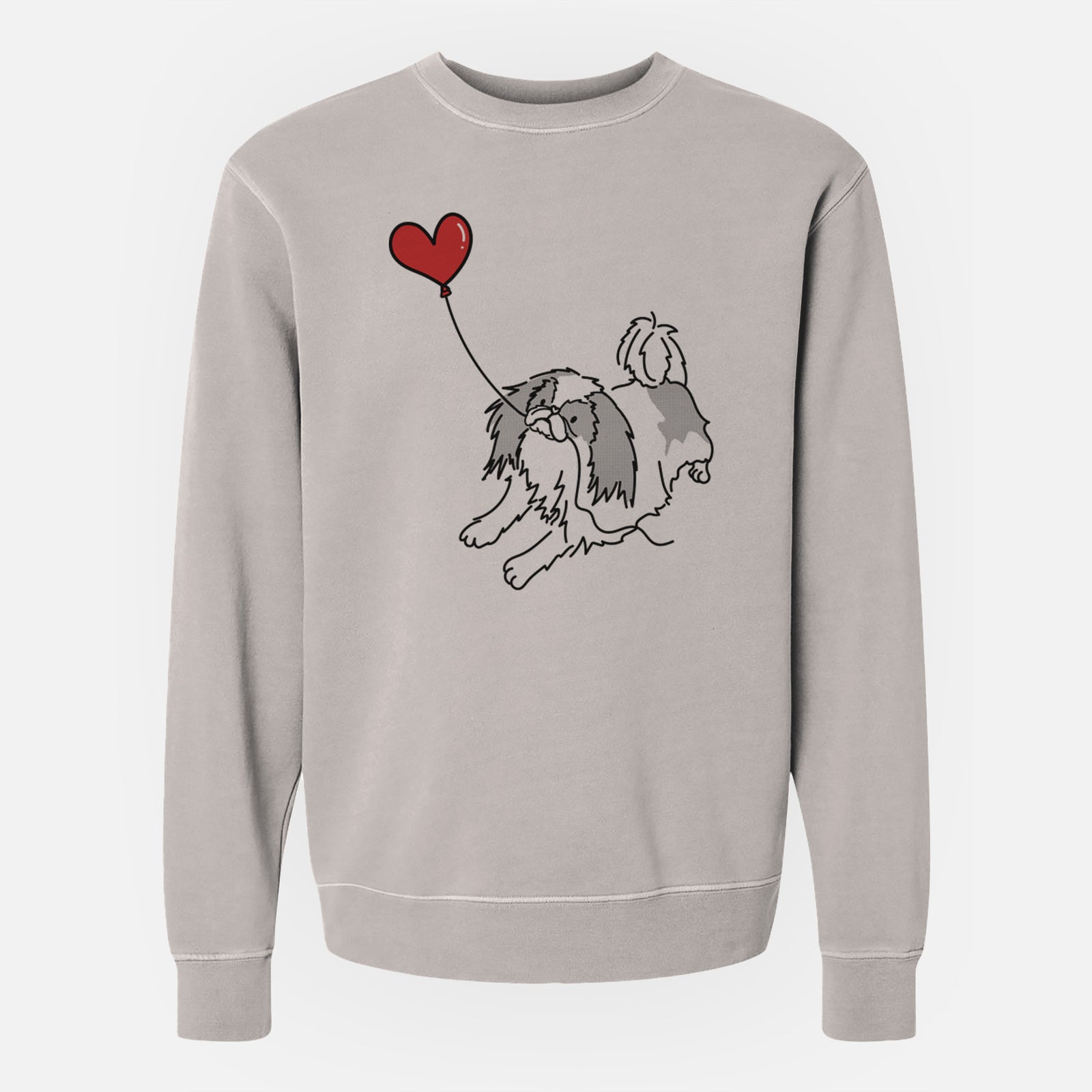 Minimalist line drawing of a Japanese Chin Heart String holding a heart balloon on a Cement Unisex pigment dyed crew sweatshirt