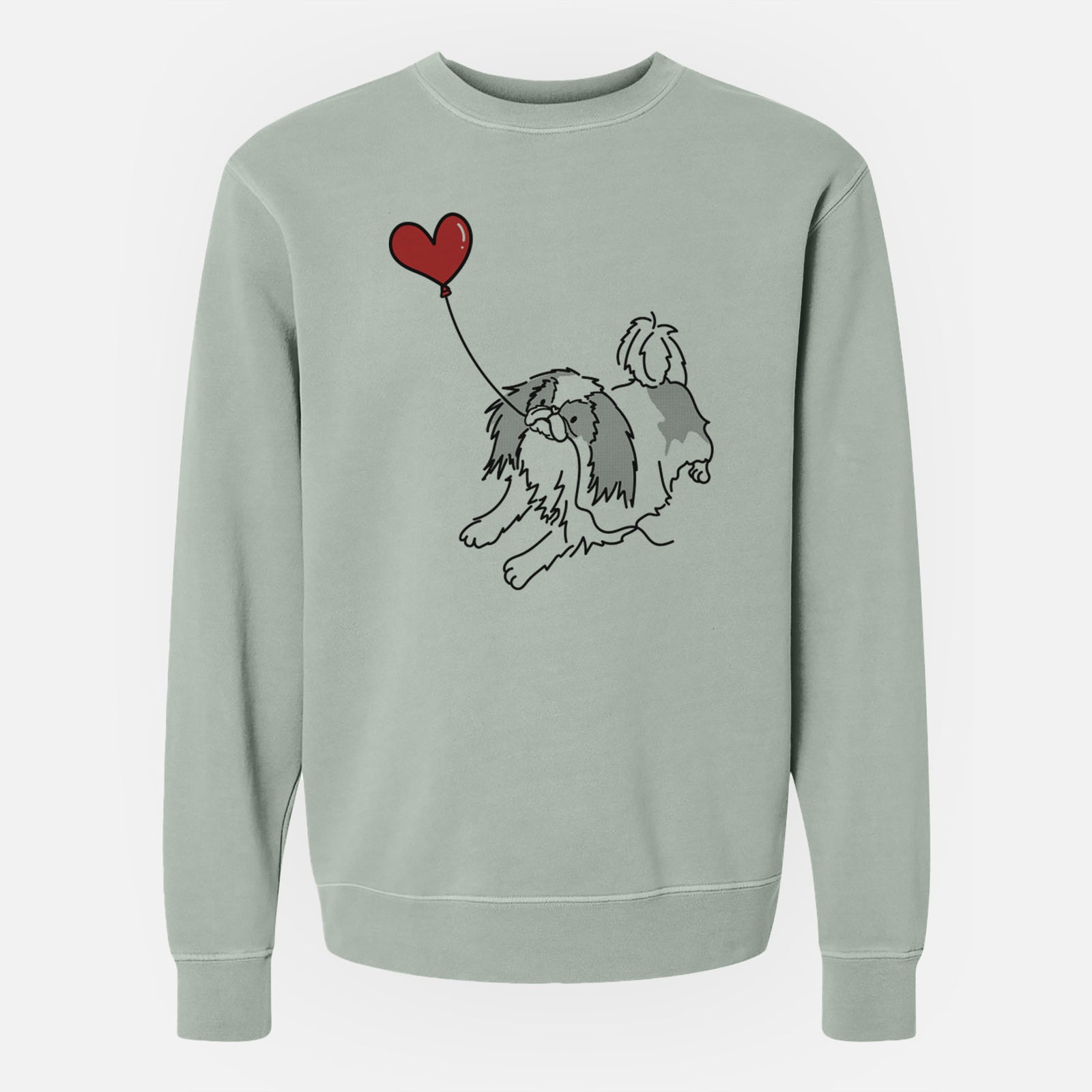 Minimalist line drawing of a Japanese Chin Heart String holding a heart balloon on a Sage Unisex pigment dyed crew sweatshirt