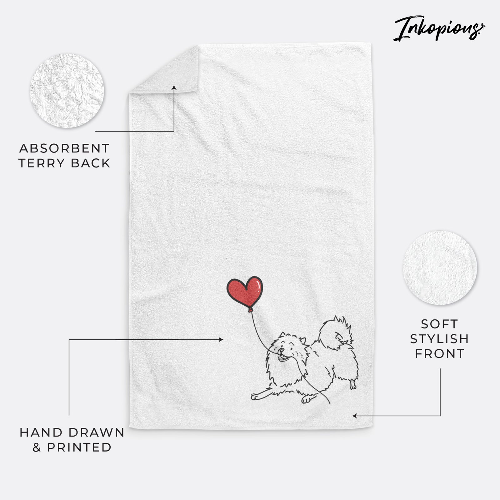 Minimalist line drawing of a Keeshond Heart String holding a heart balloon on a decorative hand towel