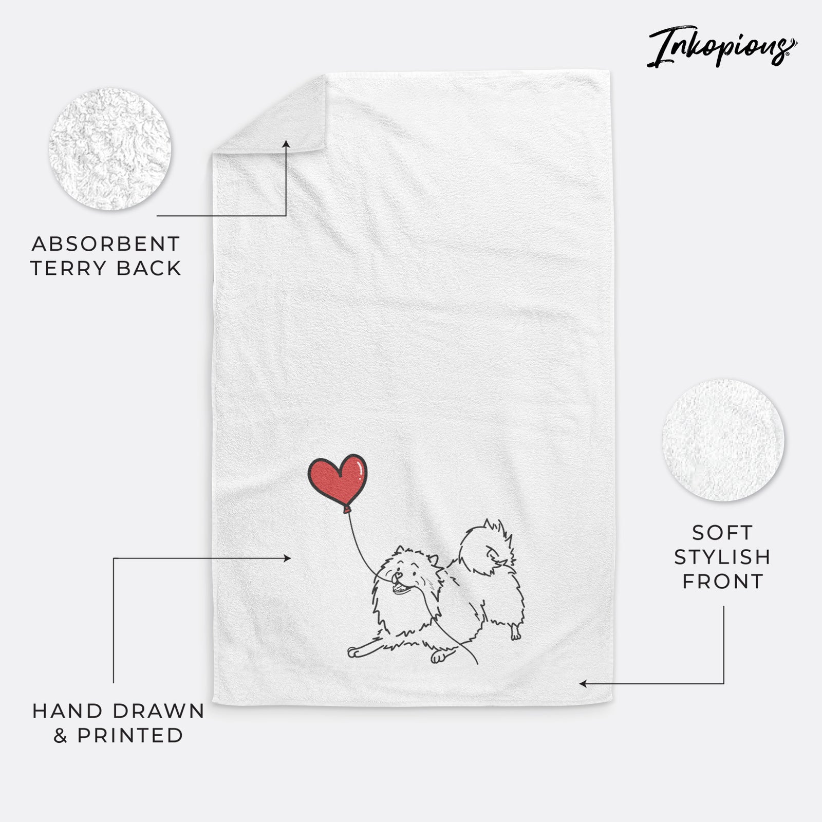 Minimalist line drawing of a Keeshond Heart String holding a heart balloon on a decorative hand towel