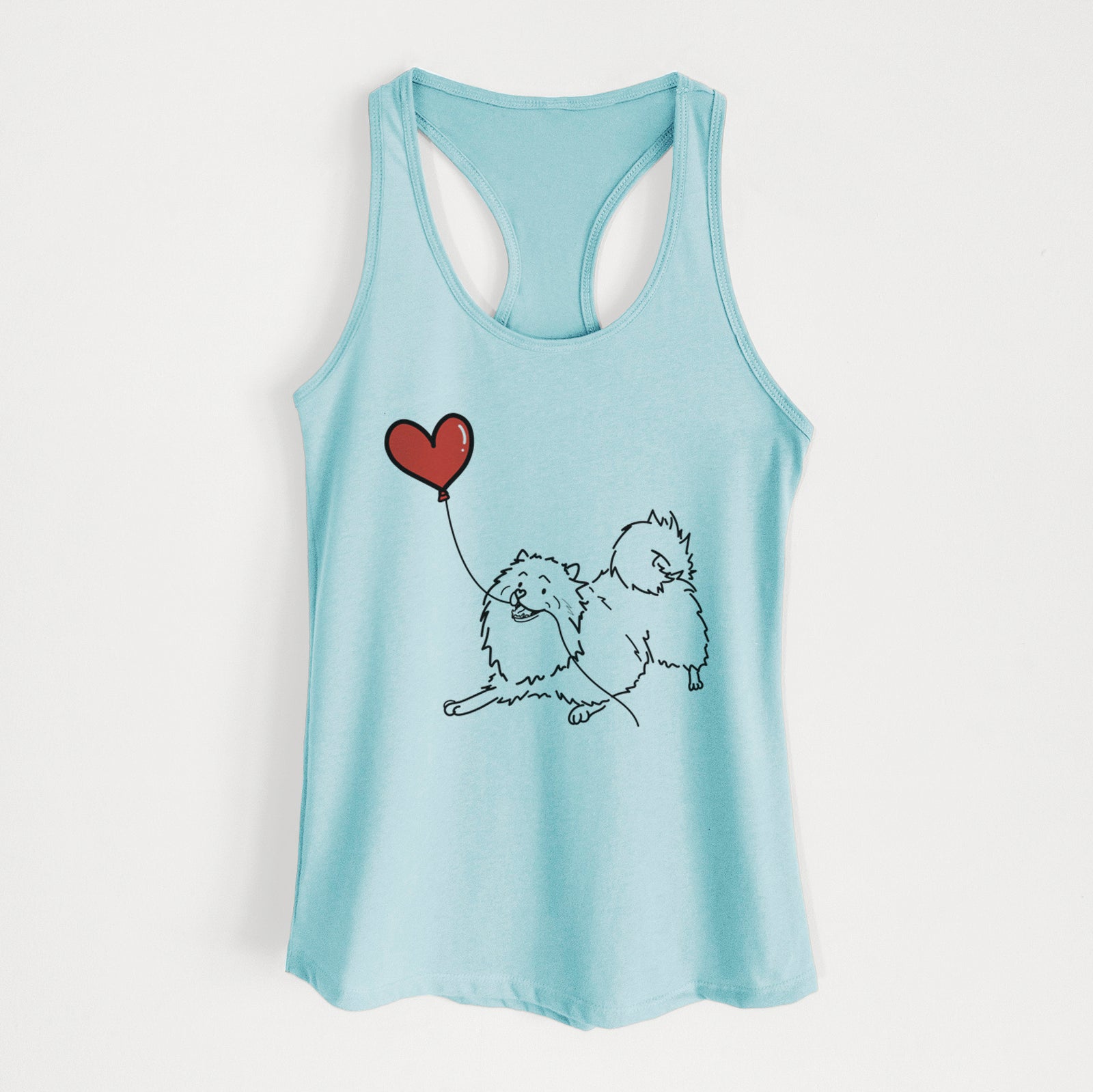 Minimalist line drawing of a Keeshond Heart String holding a heart balloon on a Cancun Blue Women's racerback tanktop