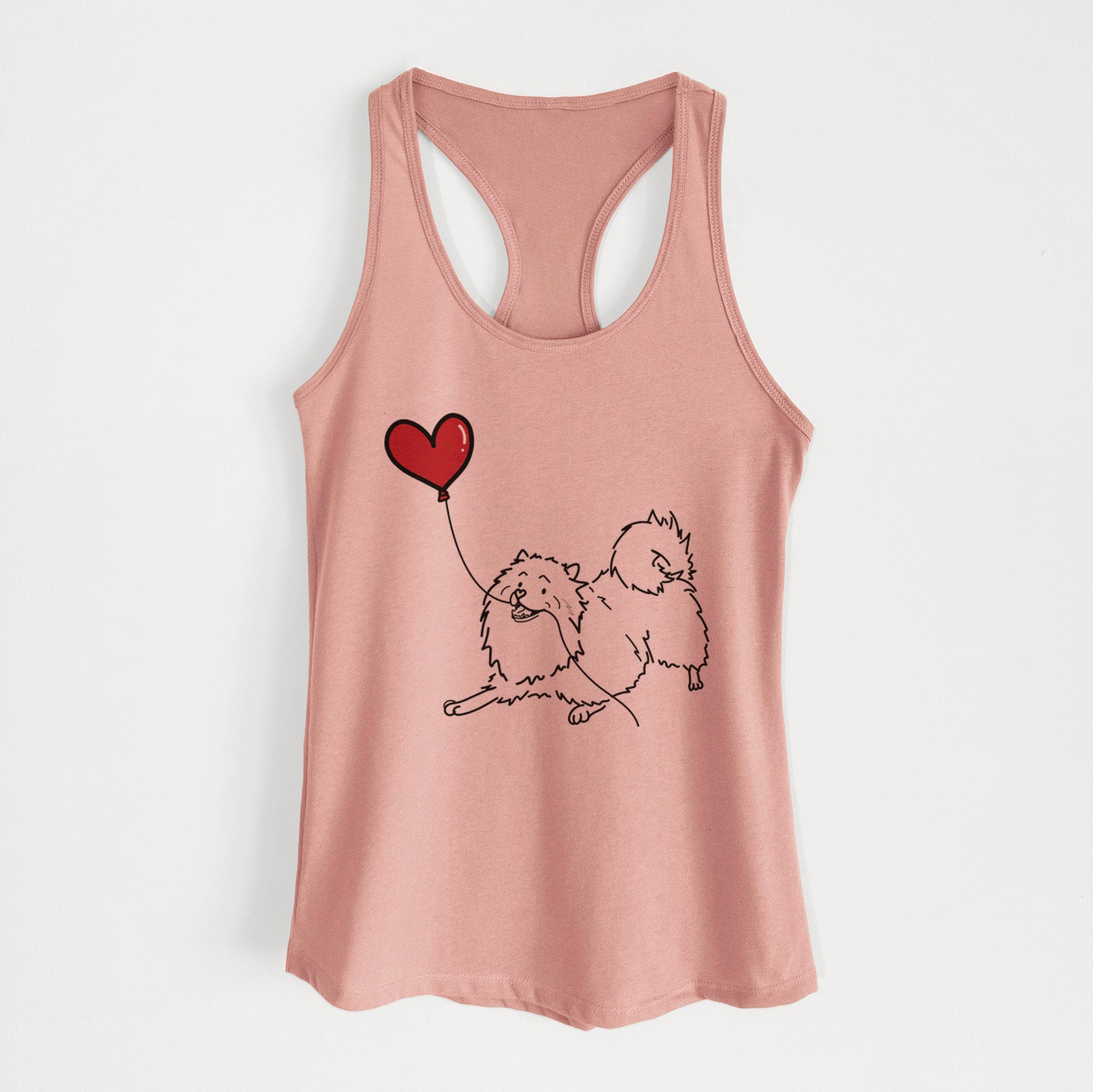 Minimalist line drawing of a Keeshond Heart String holding a heart balloon on a Desert Pink Women's racerback tanktop