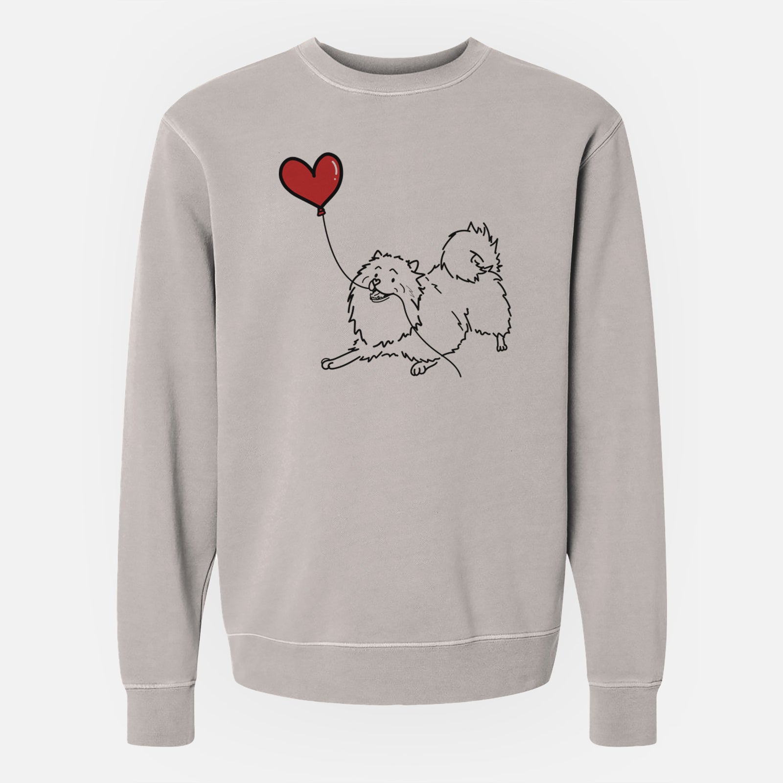 Minimalist line drawing of a Keeshond Heart String holding a heart balloon on a Cement Unisex pigment dyed crew sweatshirt