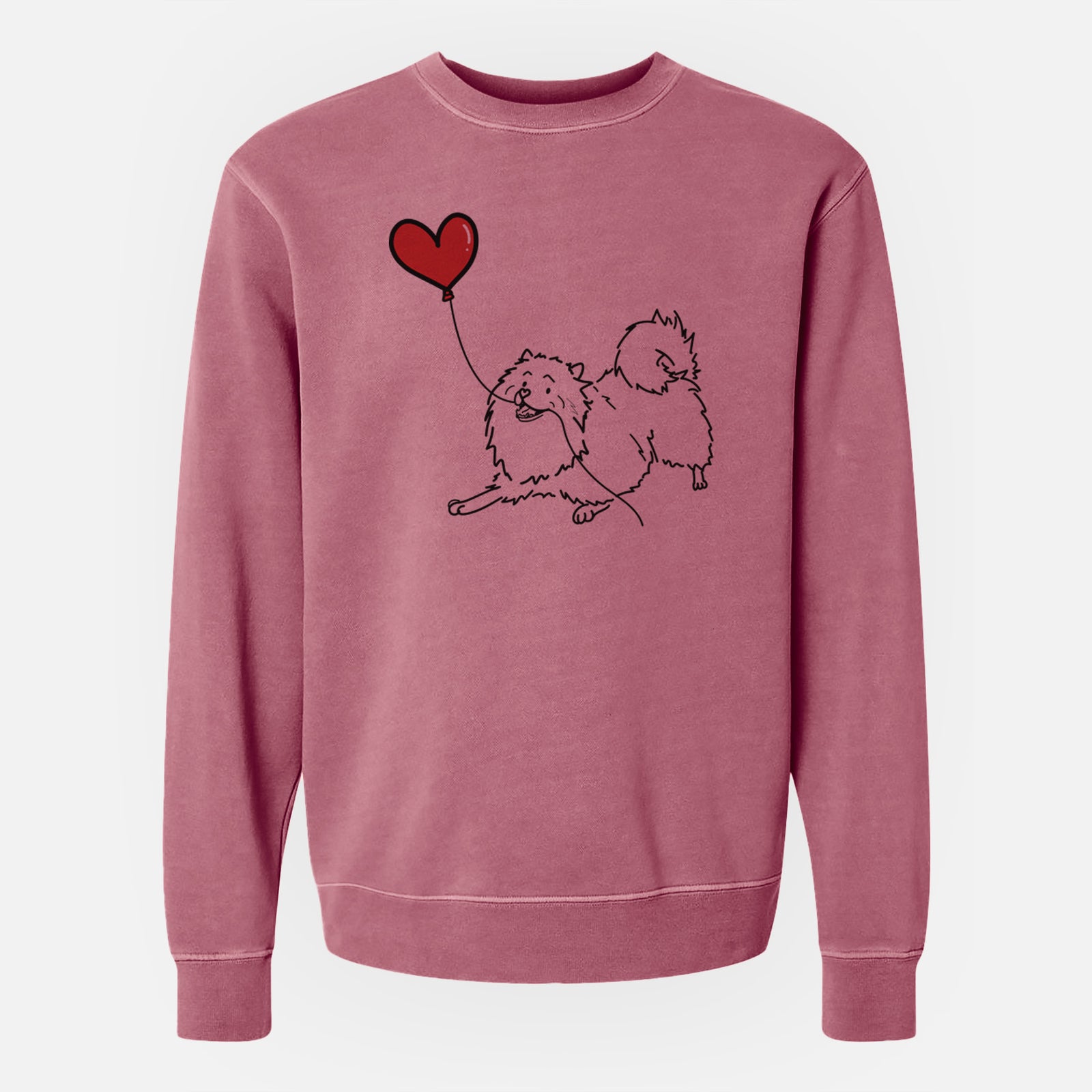 Minimalist line drawing of a Keeshond Heart String holding a heart balloon on a Maroon Unisex pigment dyed crew sweatshirt