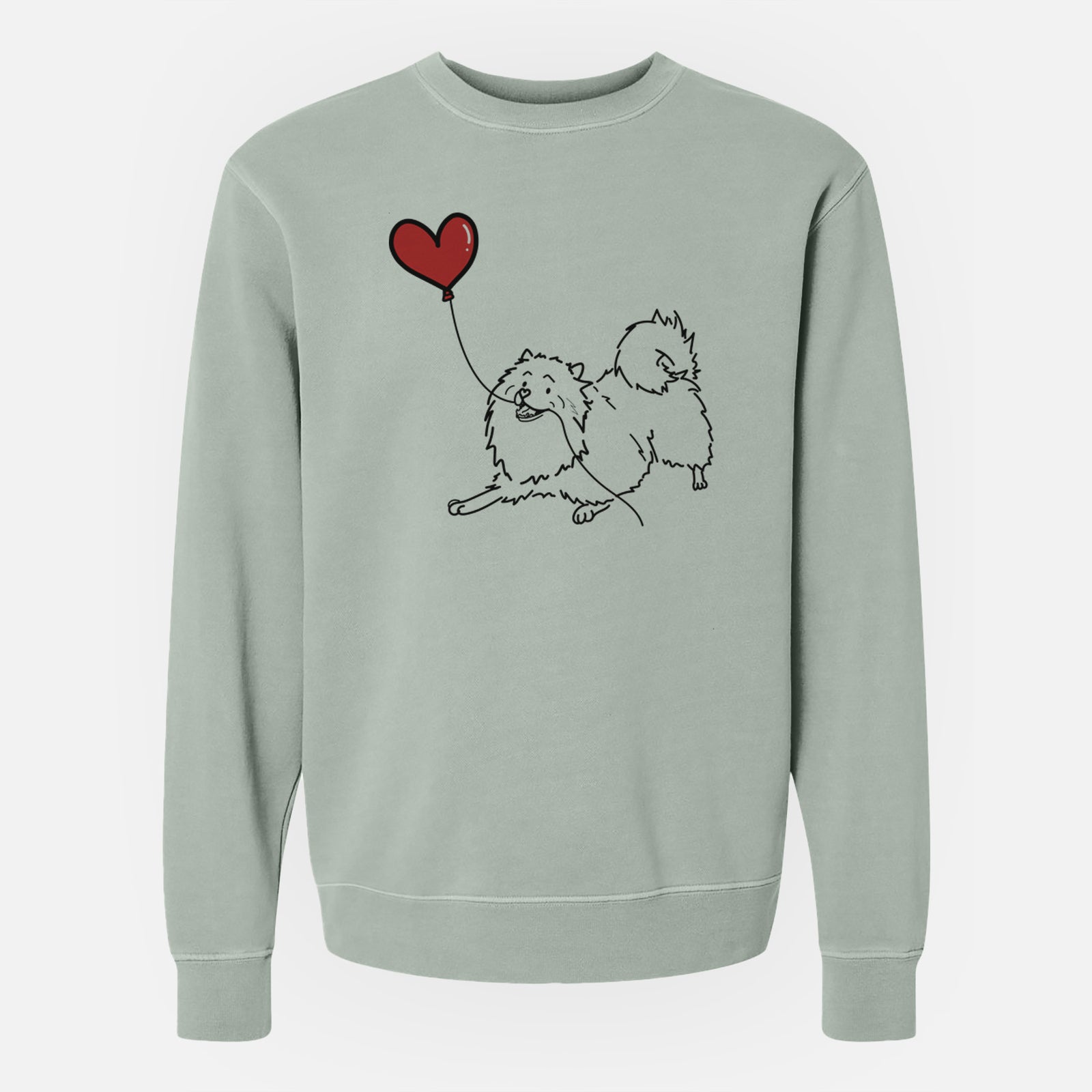 Minimalist line drawing of a Keeshond Heart String holding a heart balloon on a Sage Unisex pigment dyed crew sweatshirt