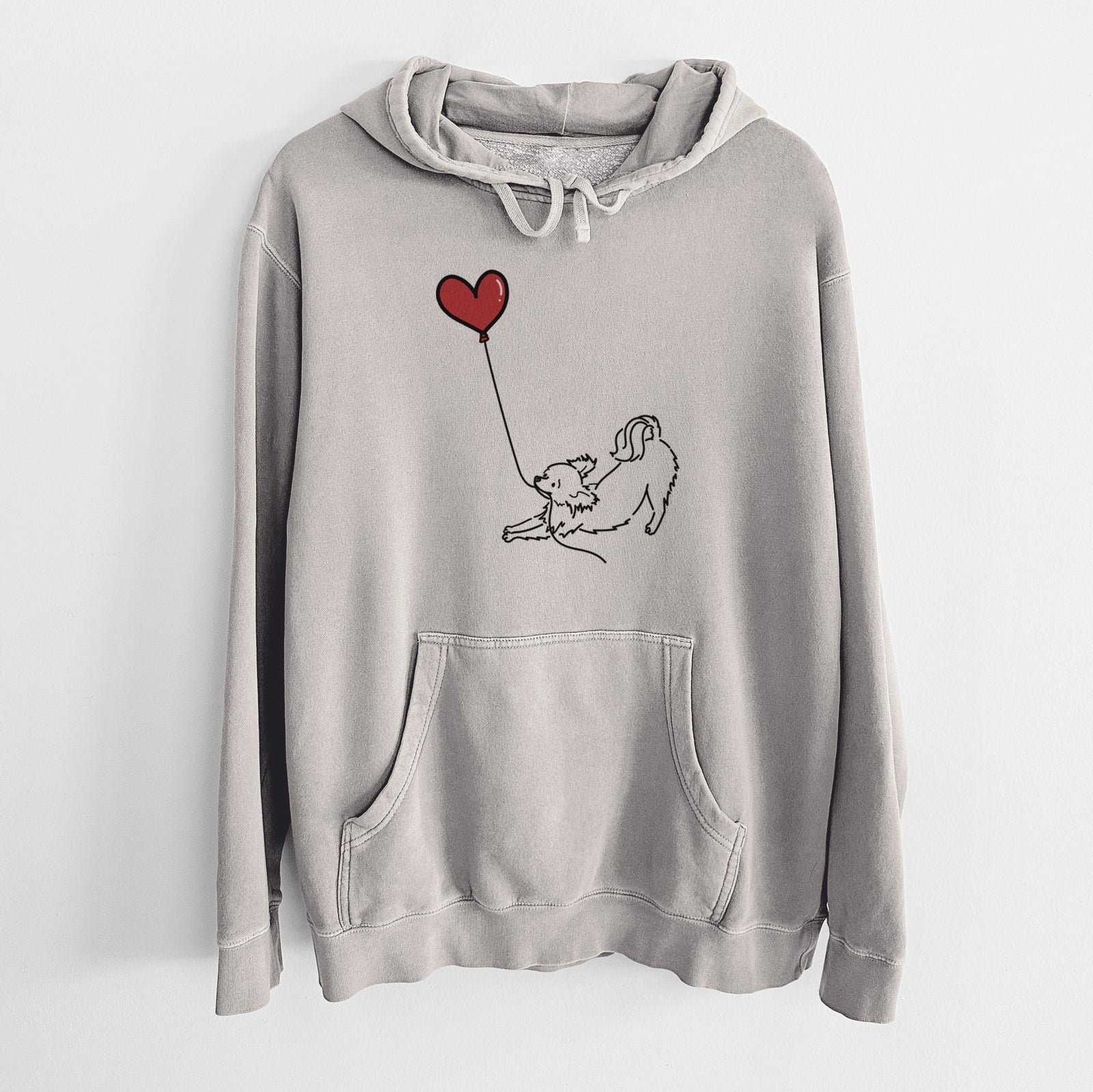Minimalist line drawing of a Long Haired Chihuahua Heart String holding a heart balloon on a Cement Unisex pigment dyed hoodie