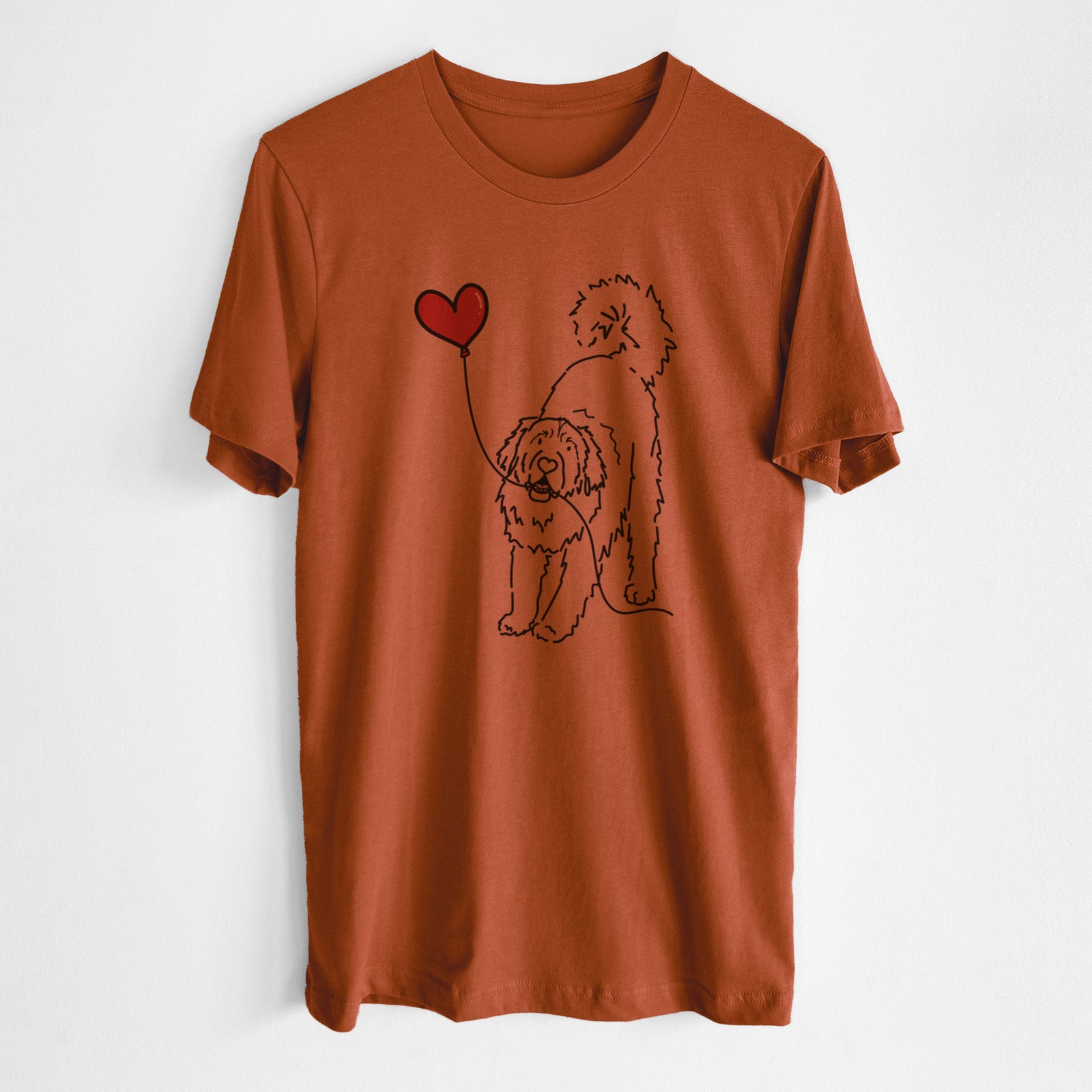 Minimalist line drawing of a Leonberger Heart String- Unisex Crewneck holding a heart balloon on an Autumn Unisex crewneck, worn by a man