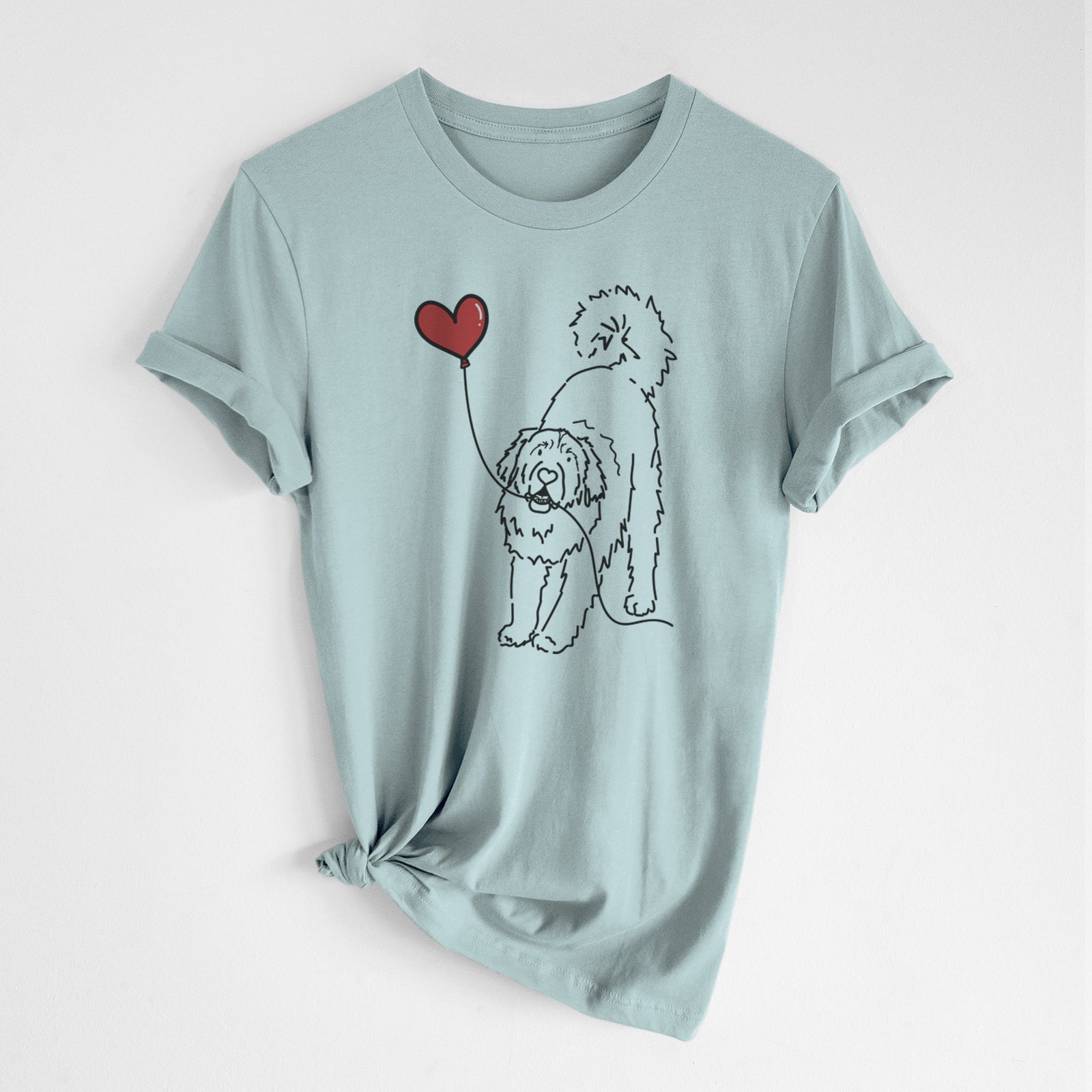 Minimalist line drawing of a Leonberger Heart String- Unisex Crewneck holding a heart balloon on a Dusty Blue Unisex crewneck, worn by a woman