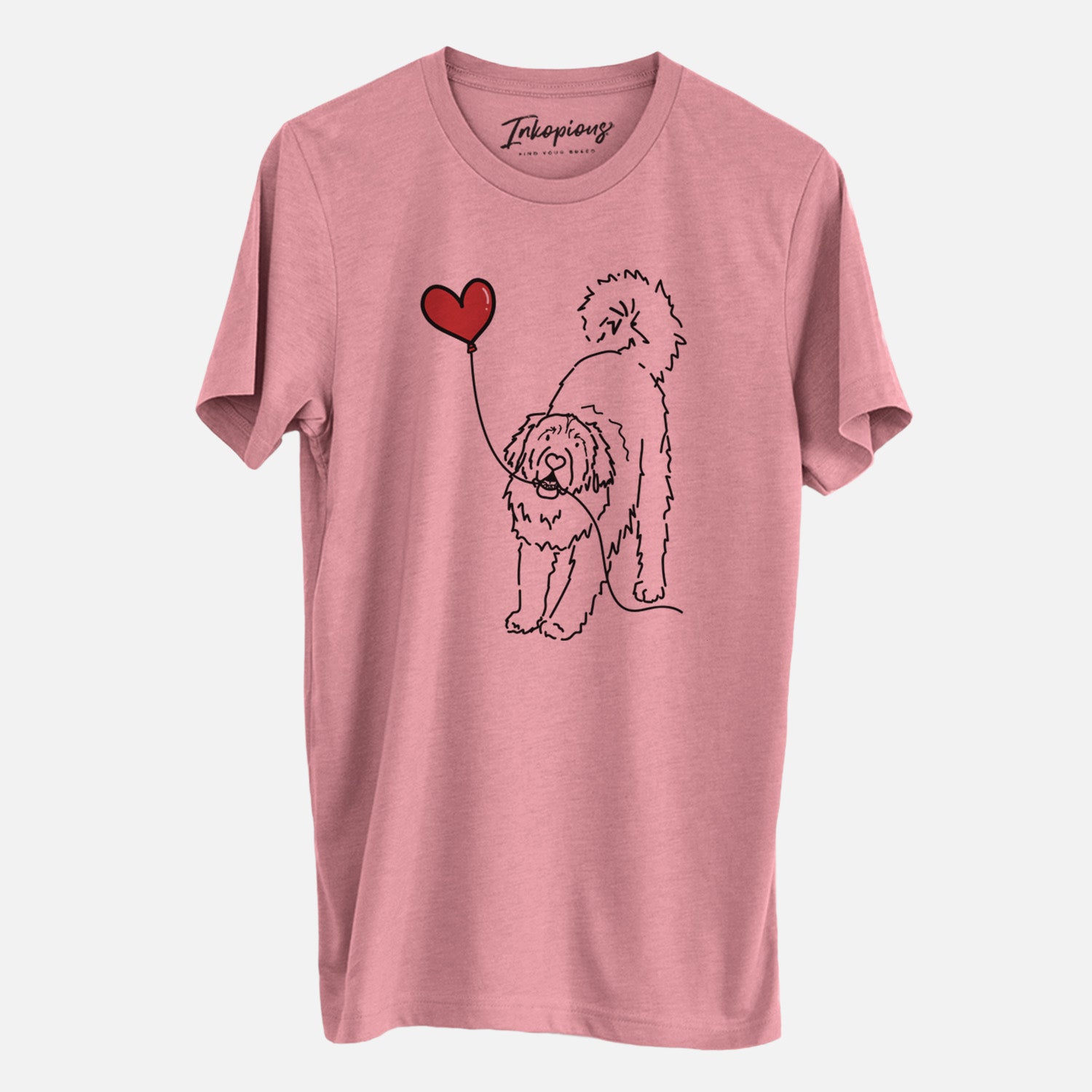 Minimalist line drawing of a Leonberger Heart String- Unisex Crewneck holding a heart balloon on a Mauve Unisex crewneck, worn by a man