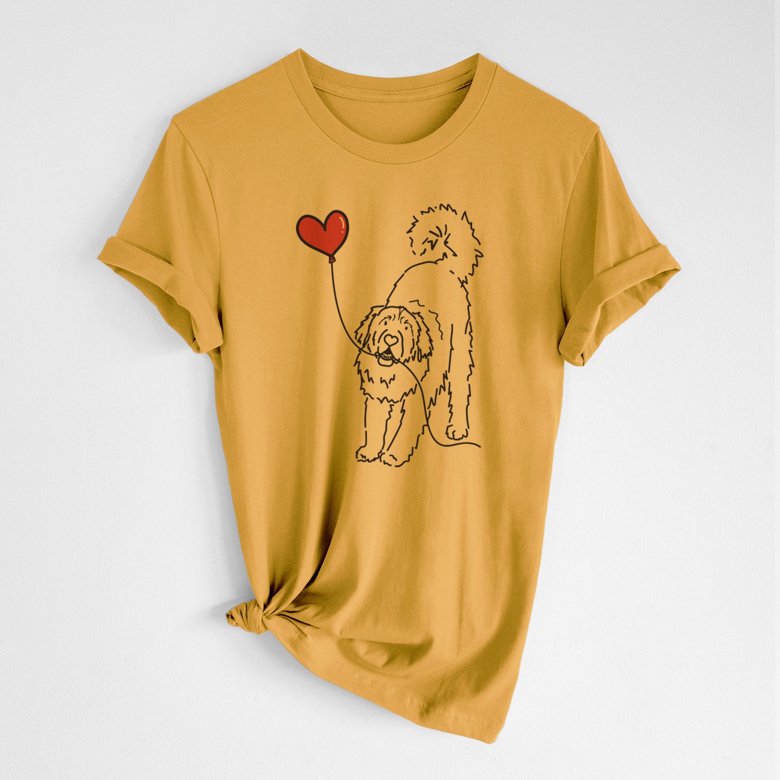 Minimalist line drawing of a Leonberger Heart String- Unisex Crewneck holding a heart balloon on a Mustard Unisex crewneck, worn by a woman