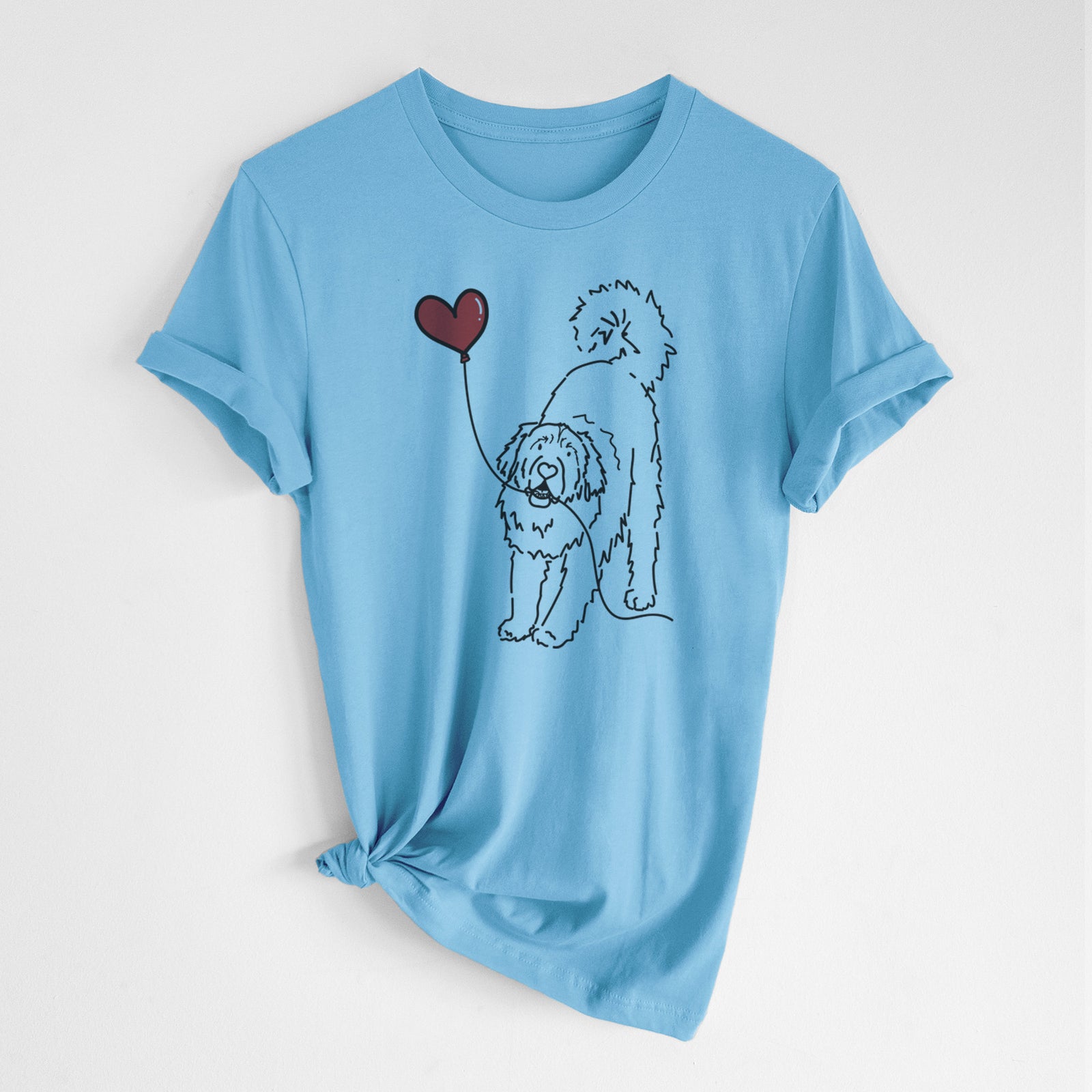 Minimalist line drawing of a Leonberger Heart String- Unisex Crewneck holding a heart balloon on an Ocean Blue Unisex crewneck, worn by a woman