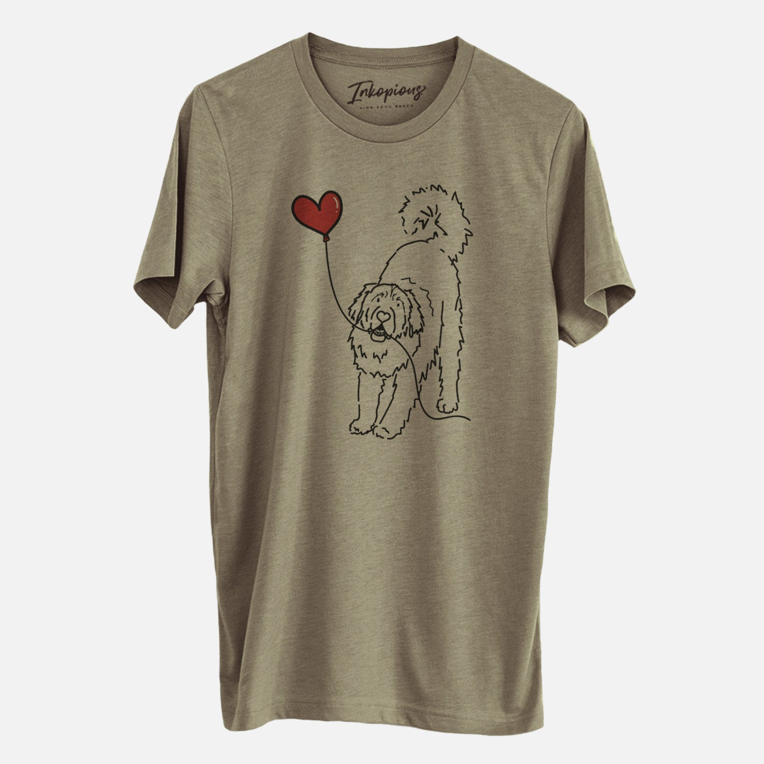 Minimalist line drawing of a Leonberger Heart String- Unisex Crewneck holding a heart balloon on an Olive Unisex crewneck, worn by a man